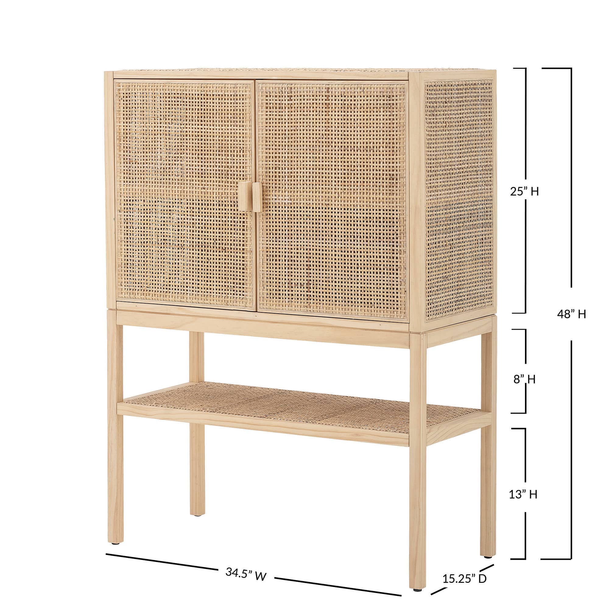 47&#x22; Boho Woven Rattan and Wood Cabinet with Doors, Shelf, and Interior Storage Compartments