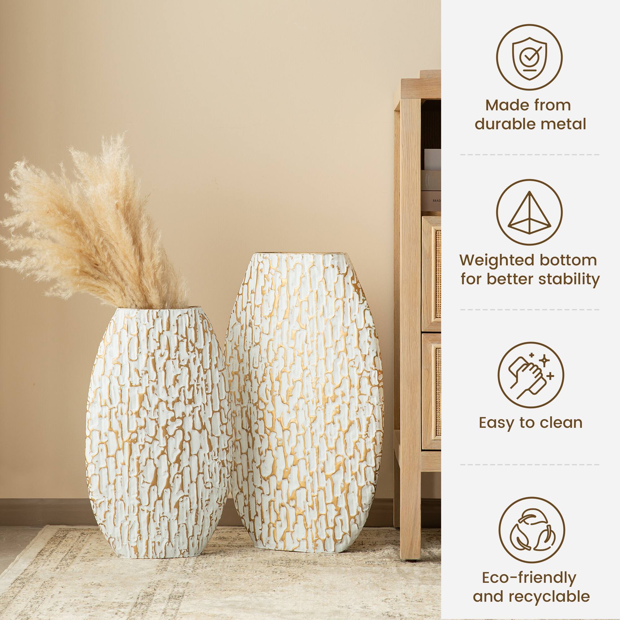 Glitzhome&#xAE; Gold &#x26; White Oval Textured Metal Floor Vases Set