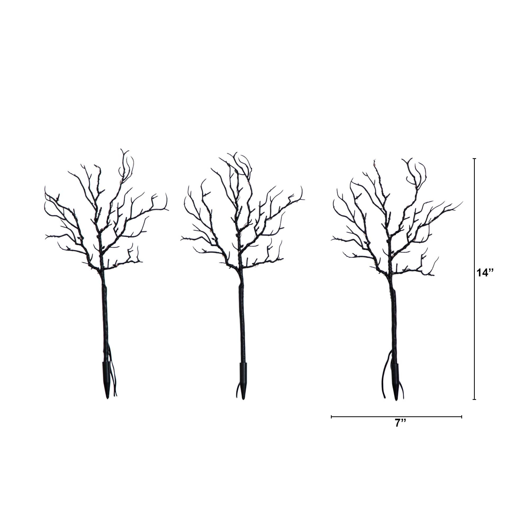 14in. Pre-Lit Artificial Halloween Black Twig Branches with 45 Orange LED Lights and Integrated Ground Stake - Set of 3