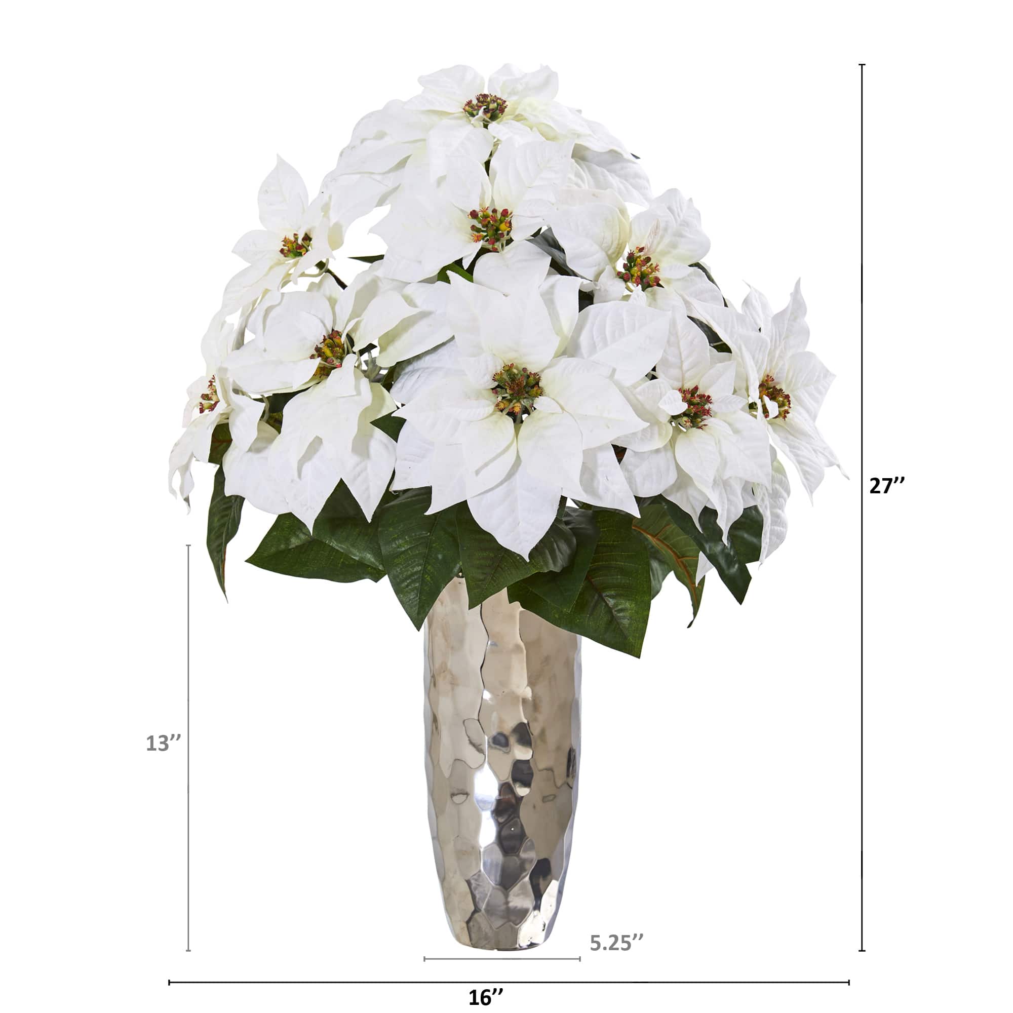 27" White Poinsettia Arrangement in Silver Cylinder Vase