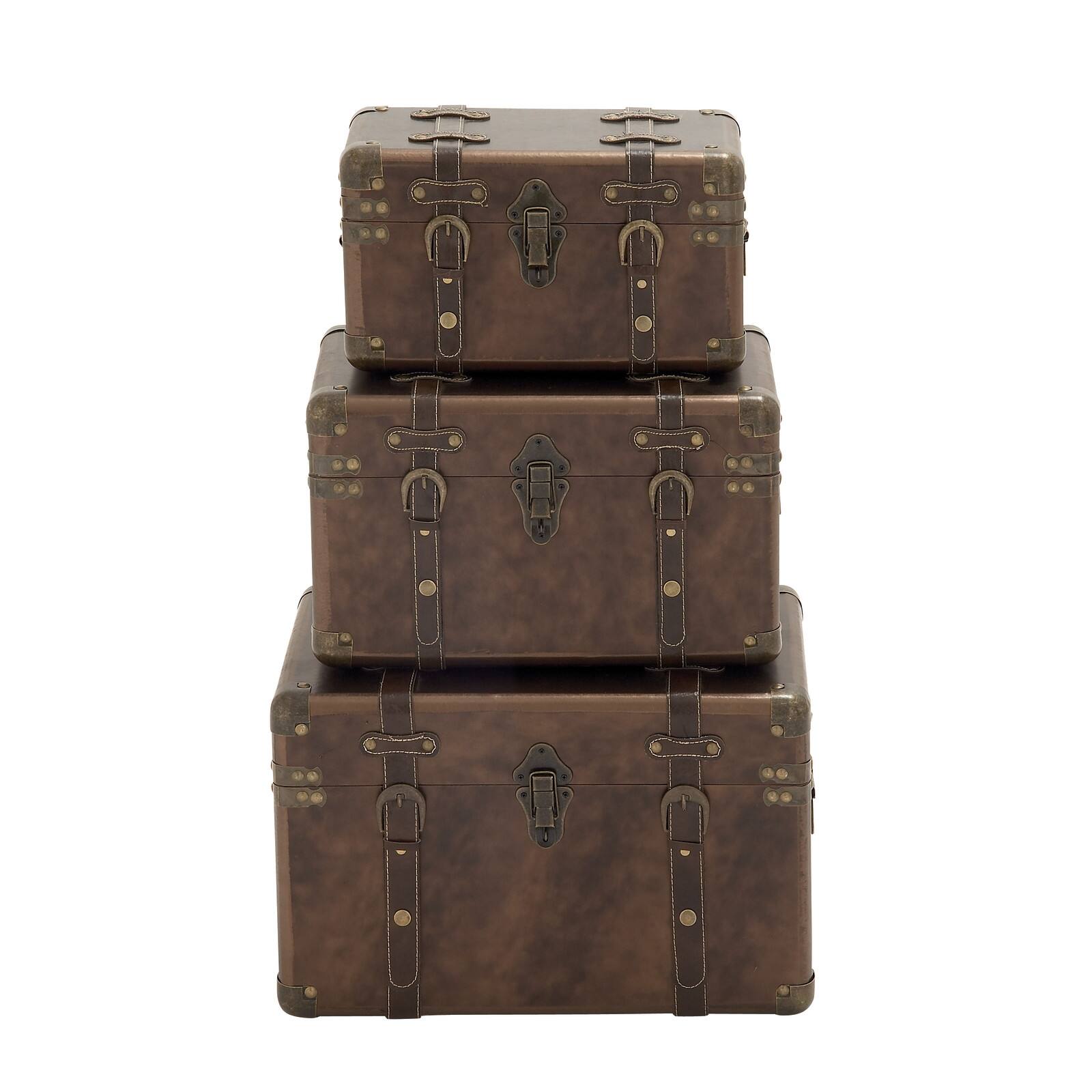 Set of 3" Brown Leather Traditional Trunk, 18", 16", 13"