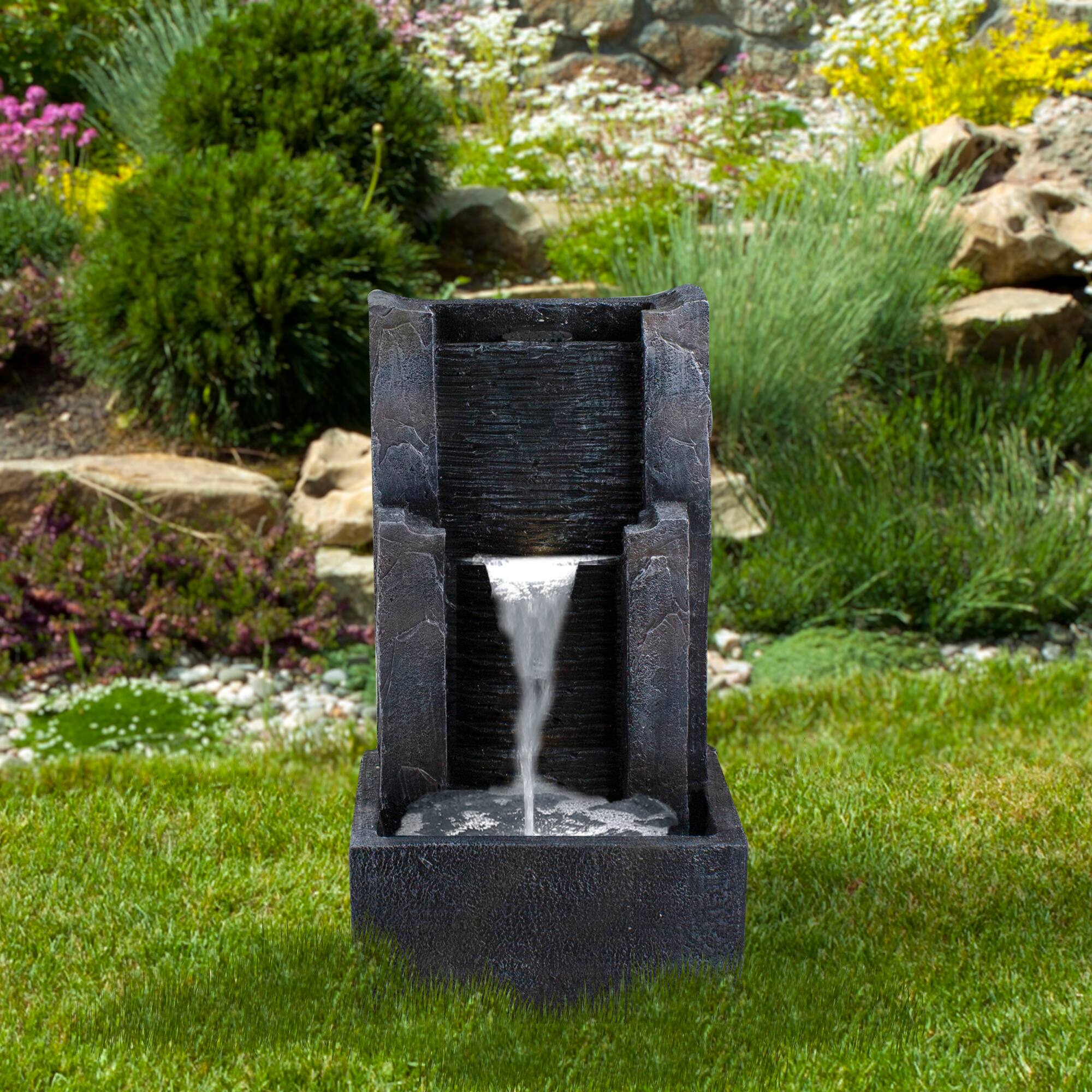 23.5&#x22; Black &#x26; Gray Modern Lighted Three-Tier Outdoor Garden Water Fountain