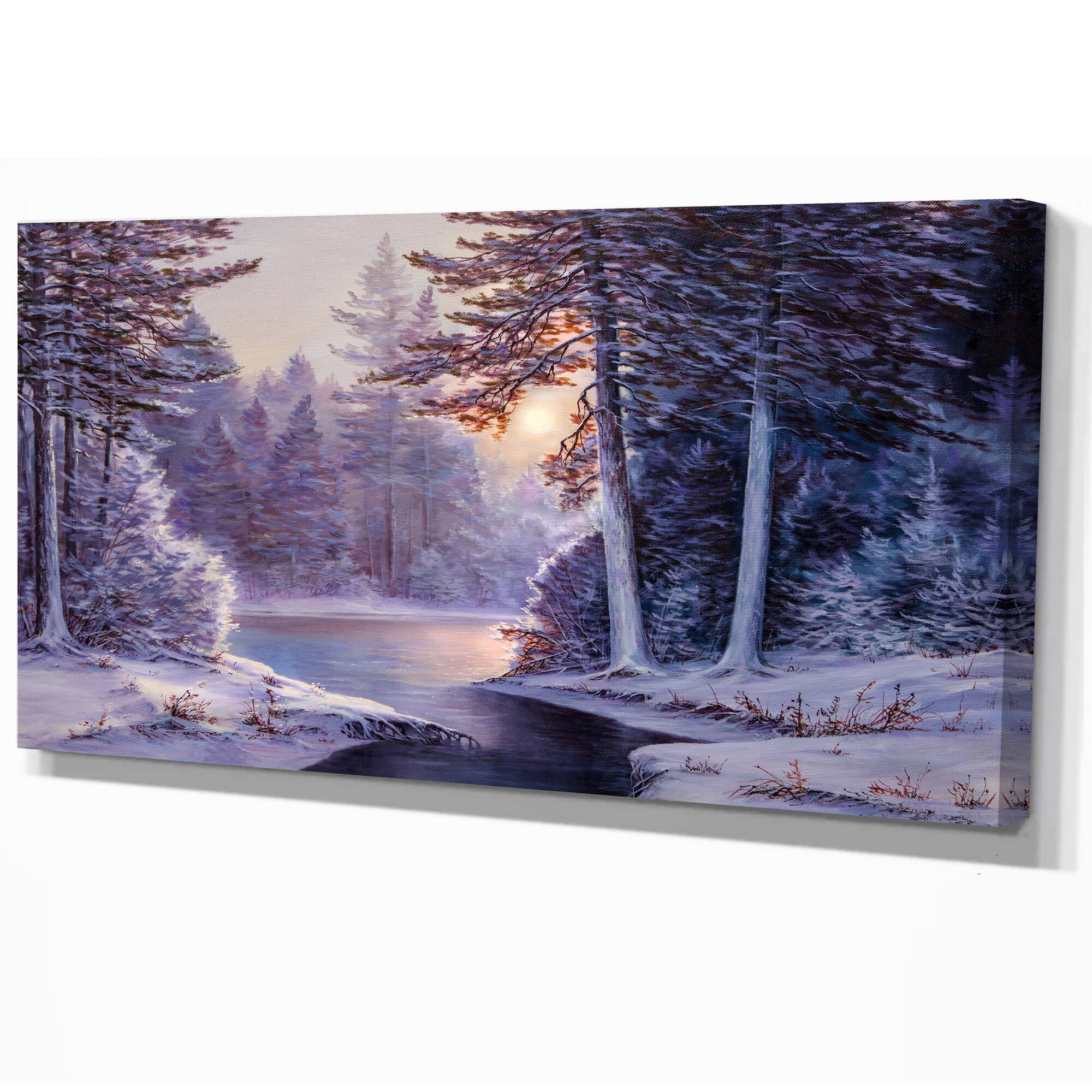 Designart - Winter Forest with the River in Frosty Day - Landscapes Painting Print on Wrapped Canvas