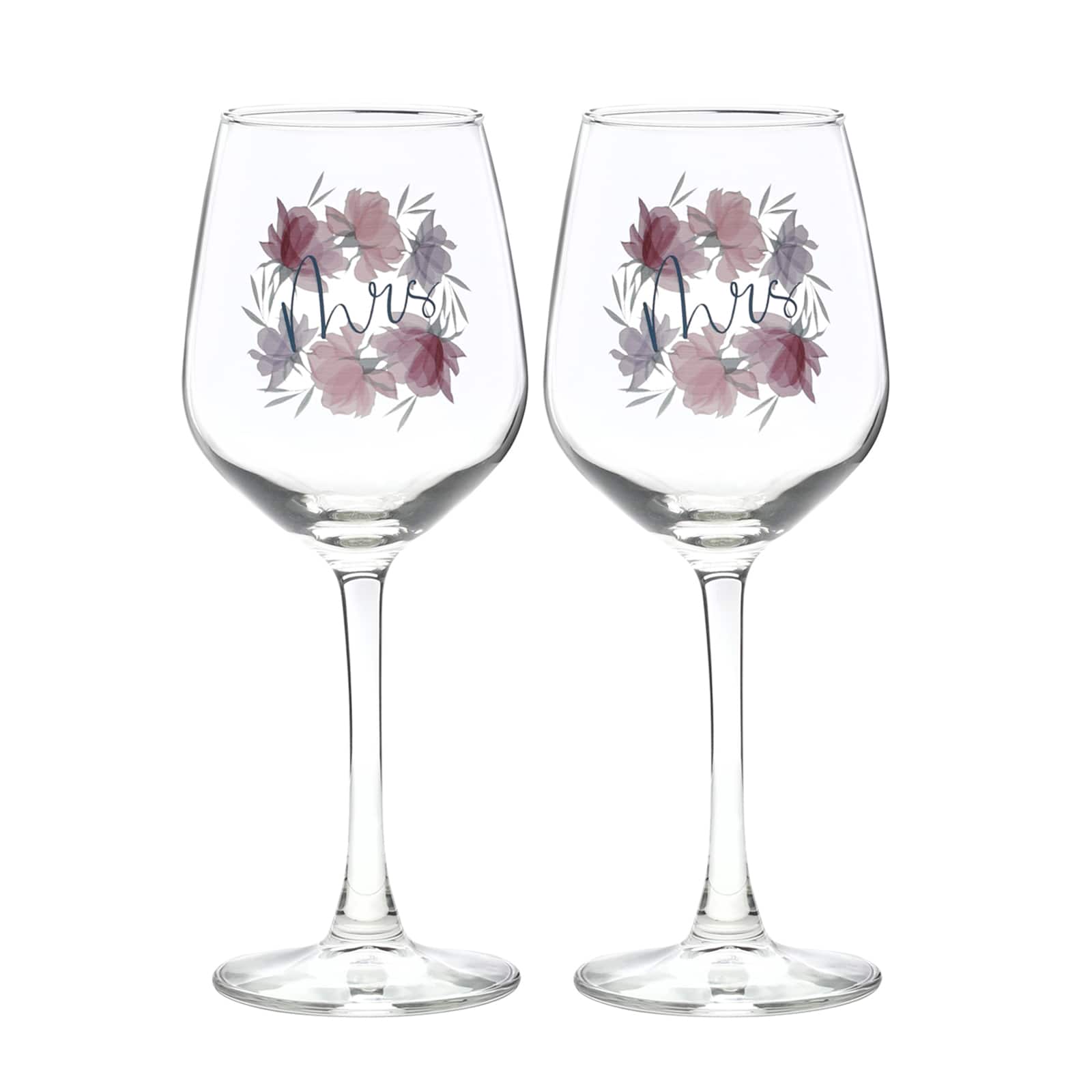12oz. Mrs. &#x26; Mrs. Floral Wine Glass Set