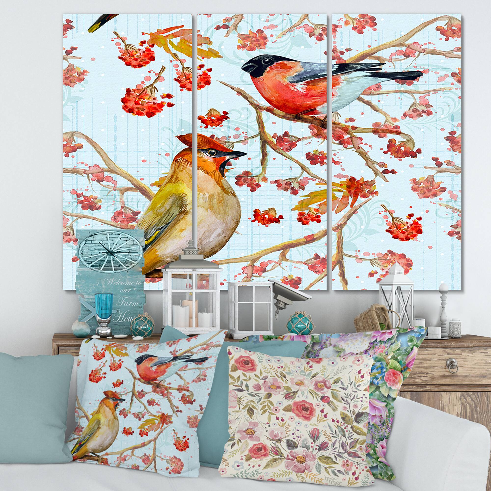 Designart - Two Birds On Branches During Autumn - Traditional Canvas Wall Art Print