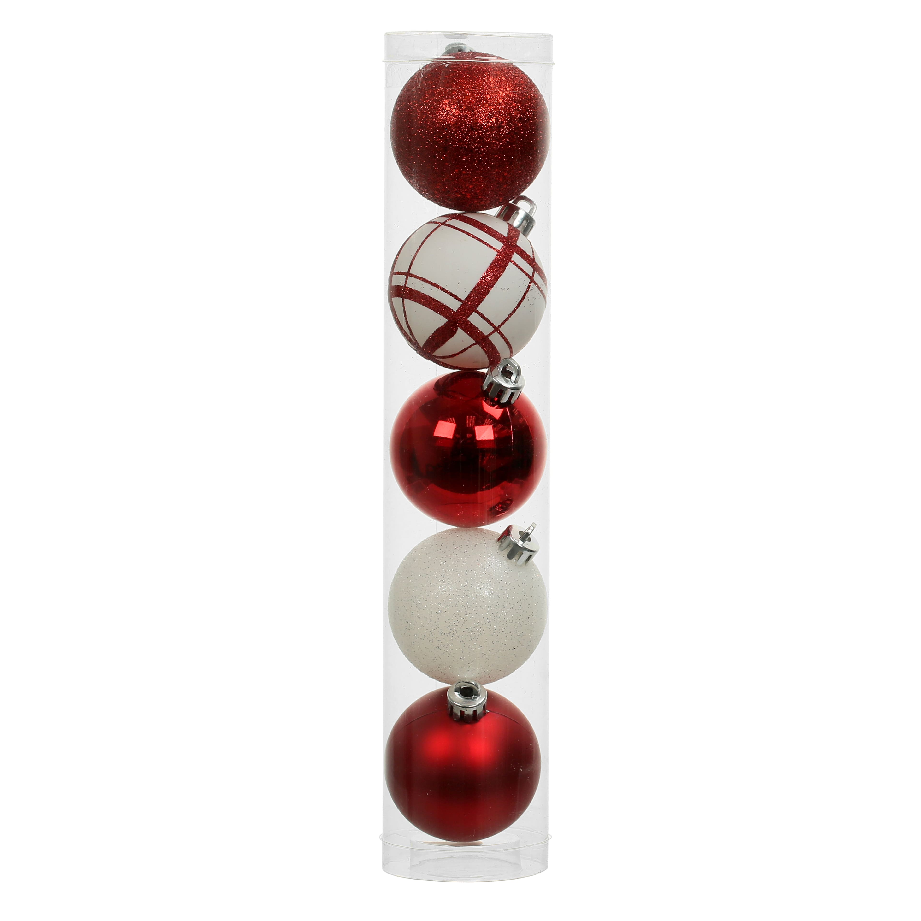 5 Pack 2.2&#x22; Red &#x26; White Shatterproof Ball Ornaments by Ashland&#xAE;