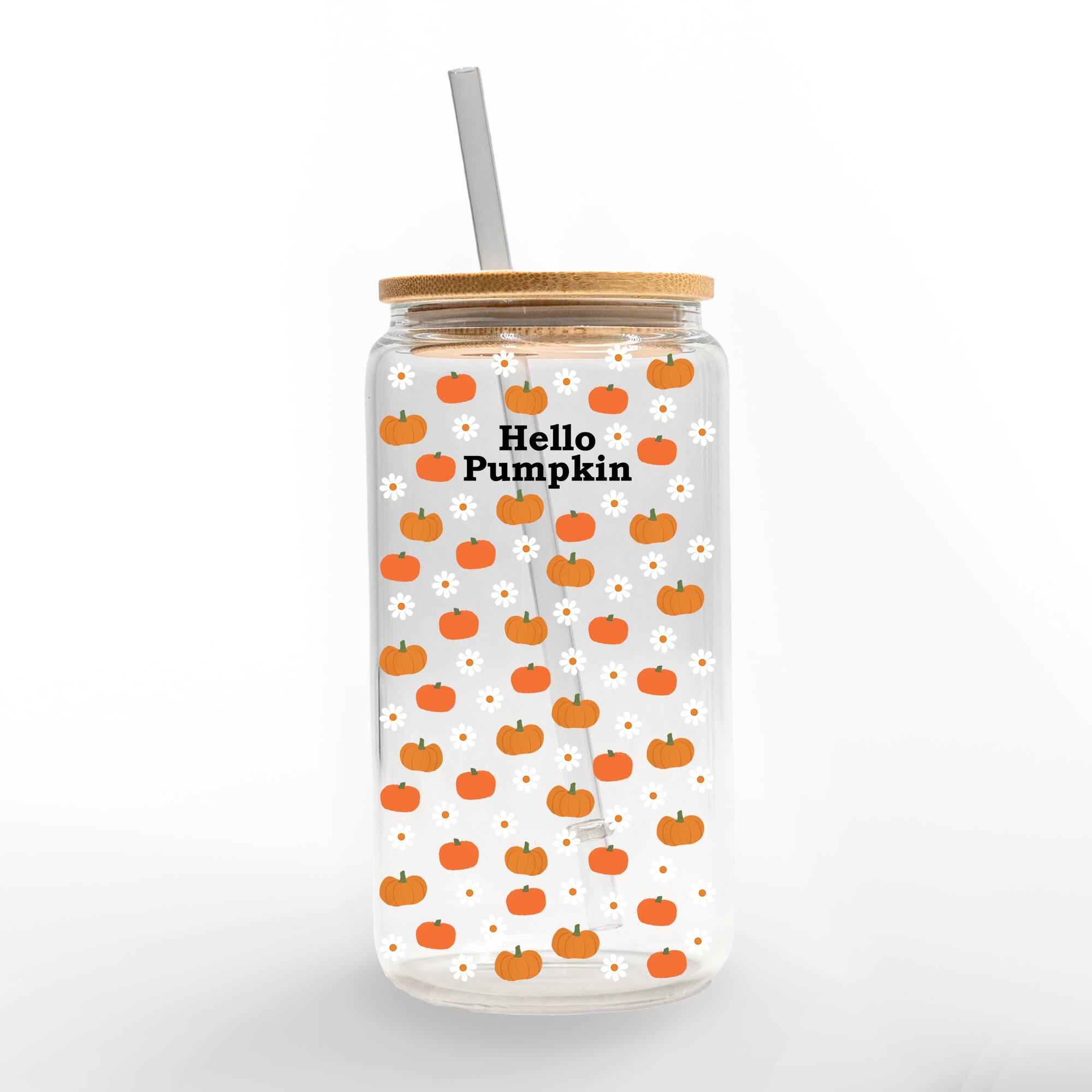 Hello Pumpkin Daisy Pattern 16oz. Glass Can Cup