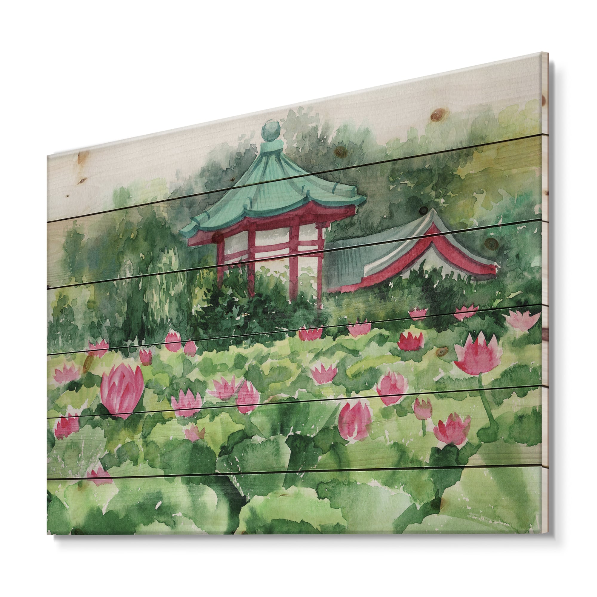 Designart - Lotus Lake and Pagoda - Traditional Print on Natural Pine Wood