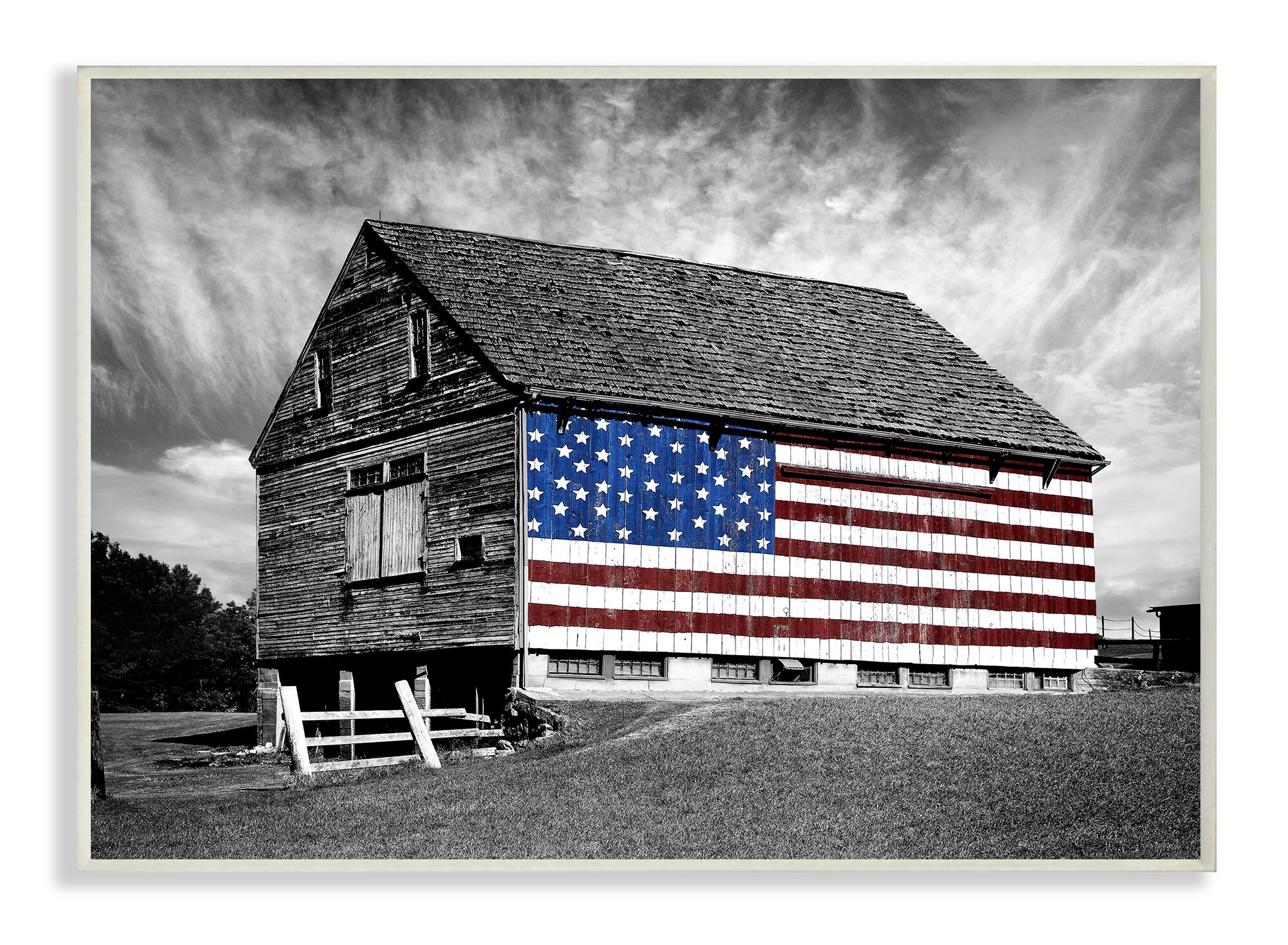 Stupell Industries Black & White Barn with American Flag Wall Plaque