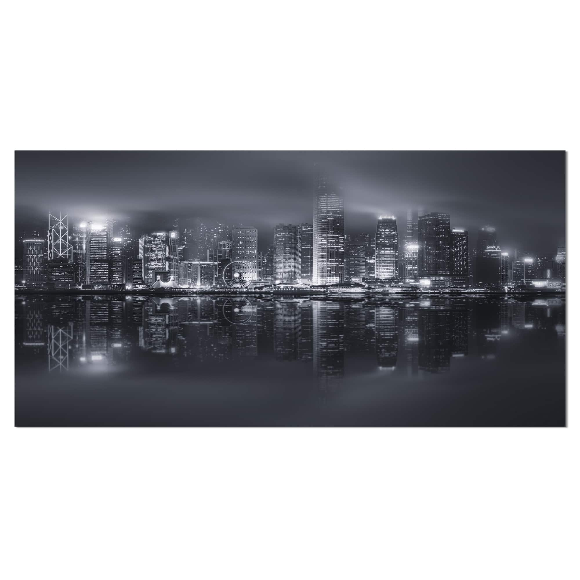 Designart - Hong Kong Black and White Skyline - Cityscape Canvas Art Print