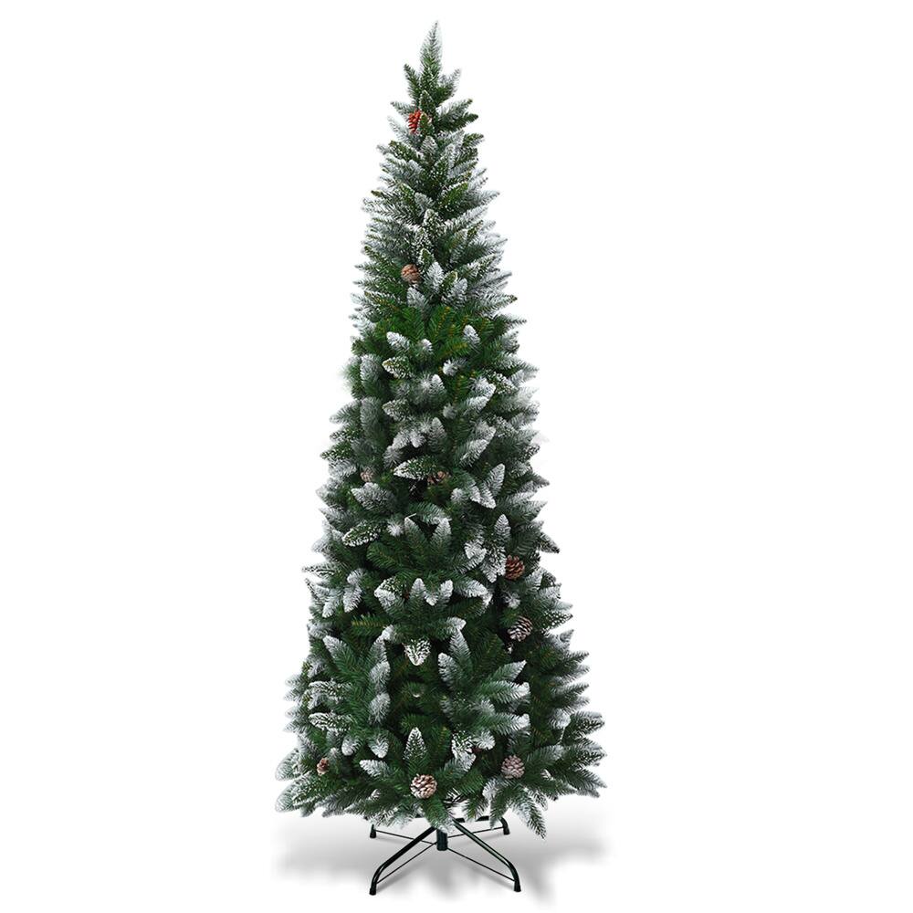 Costway 7.5ft. Snow Flocked Pencil Hinged Christmas Tree with Pinecones