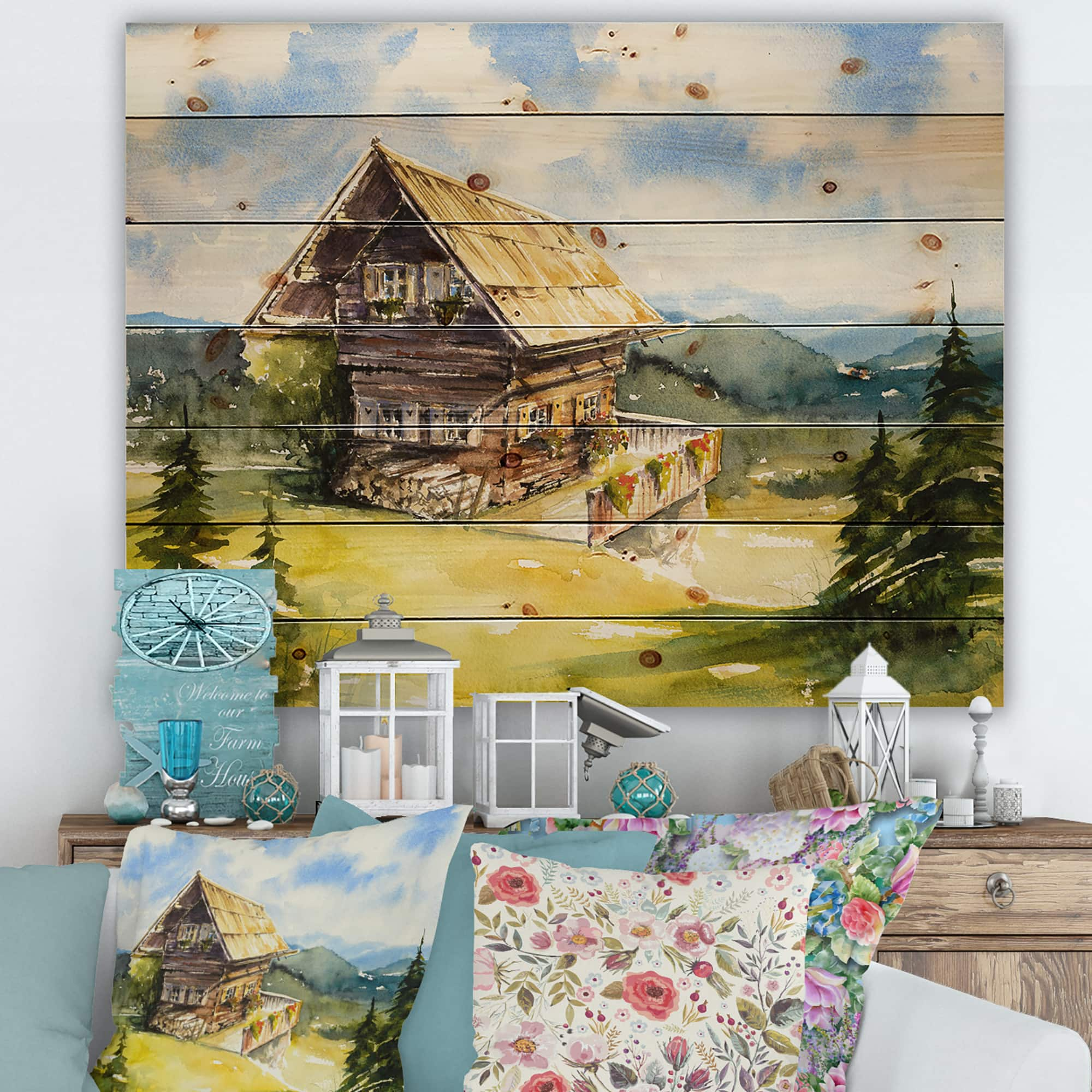 Designart - Peaceful Landscape With Old Cottage At Summer - Traditional Print on Natural Pine Wood