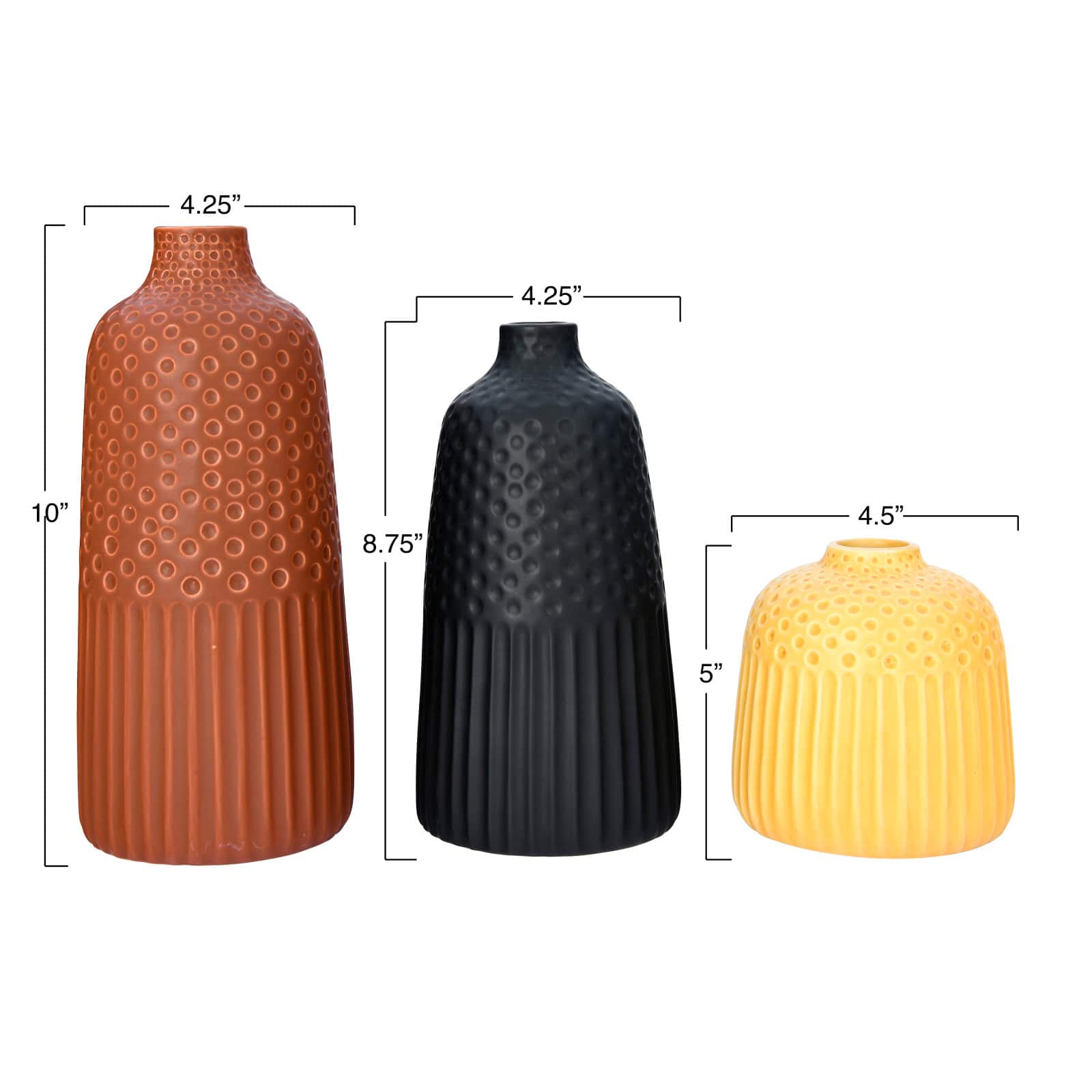 Hello Honey® Embossed Stoneware Vases with Fluted & Polka Dot Designs Set