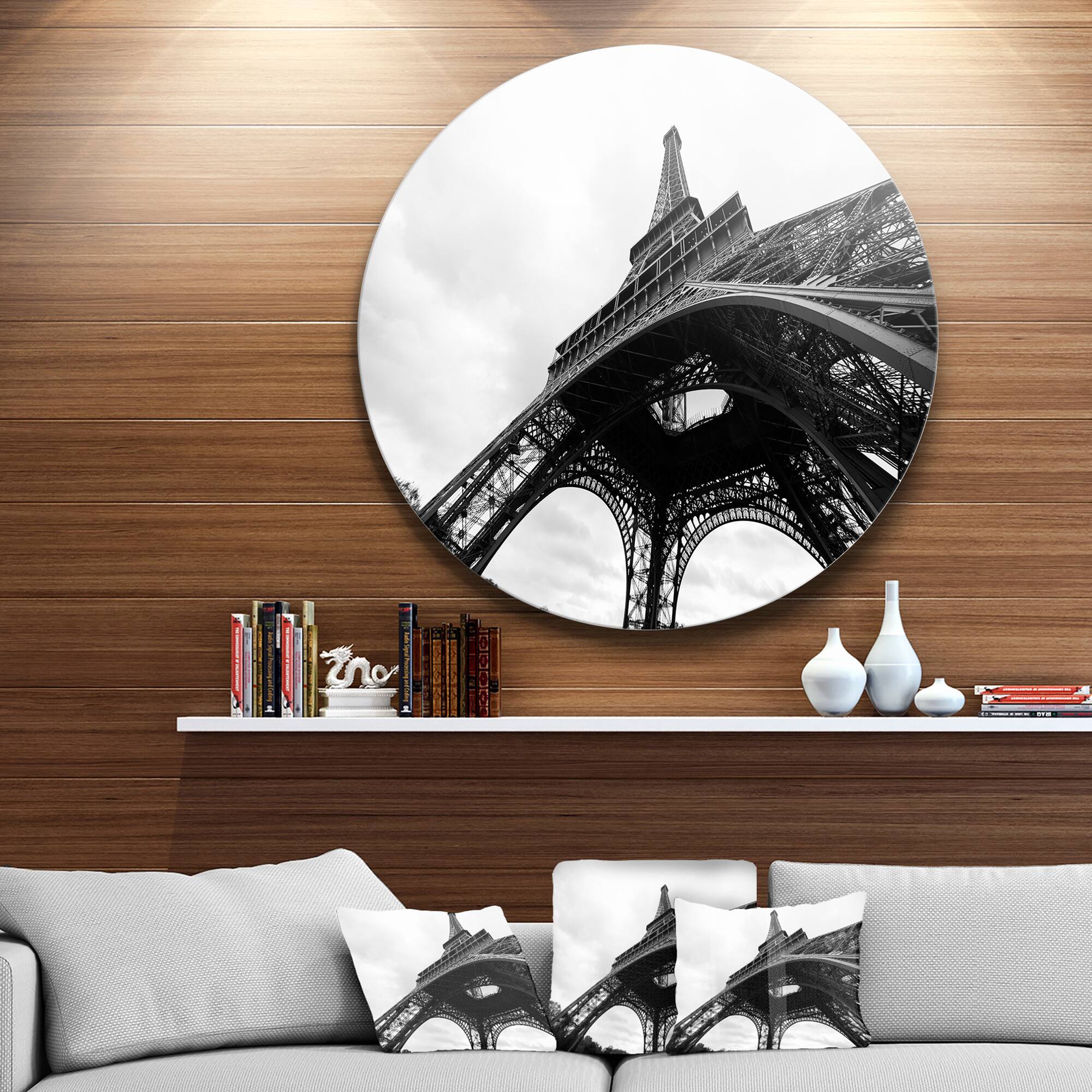 Designart - Paris Paris Eiffel Towerin Black and White Side View' Ultra Glossy Cityscape Circle Wall Art