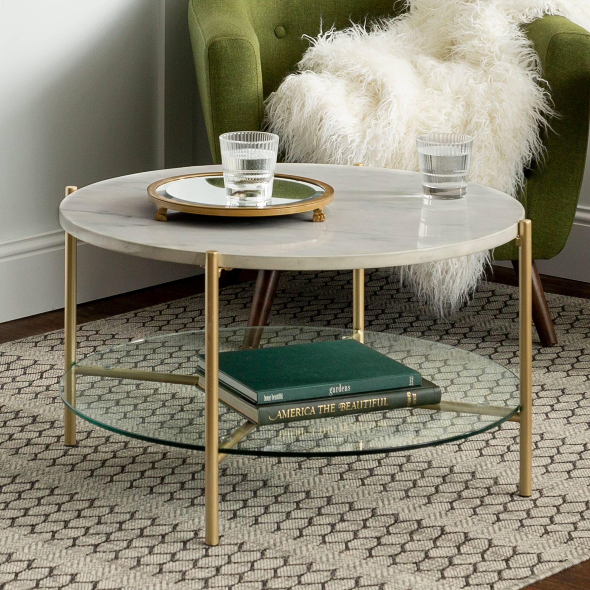 Faux White Marble, Glass & Gold Modern Round Coffee Table