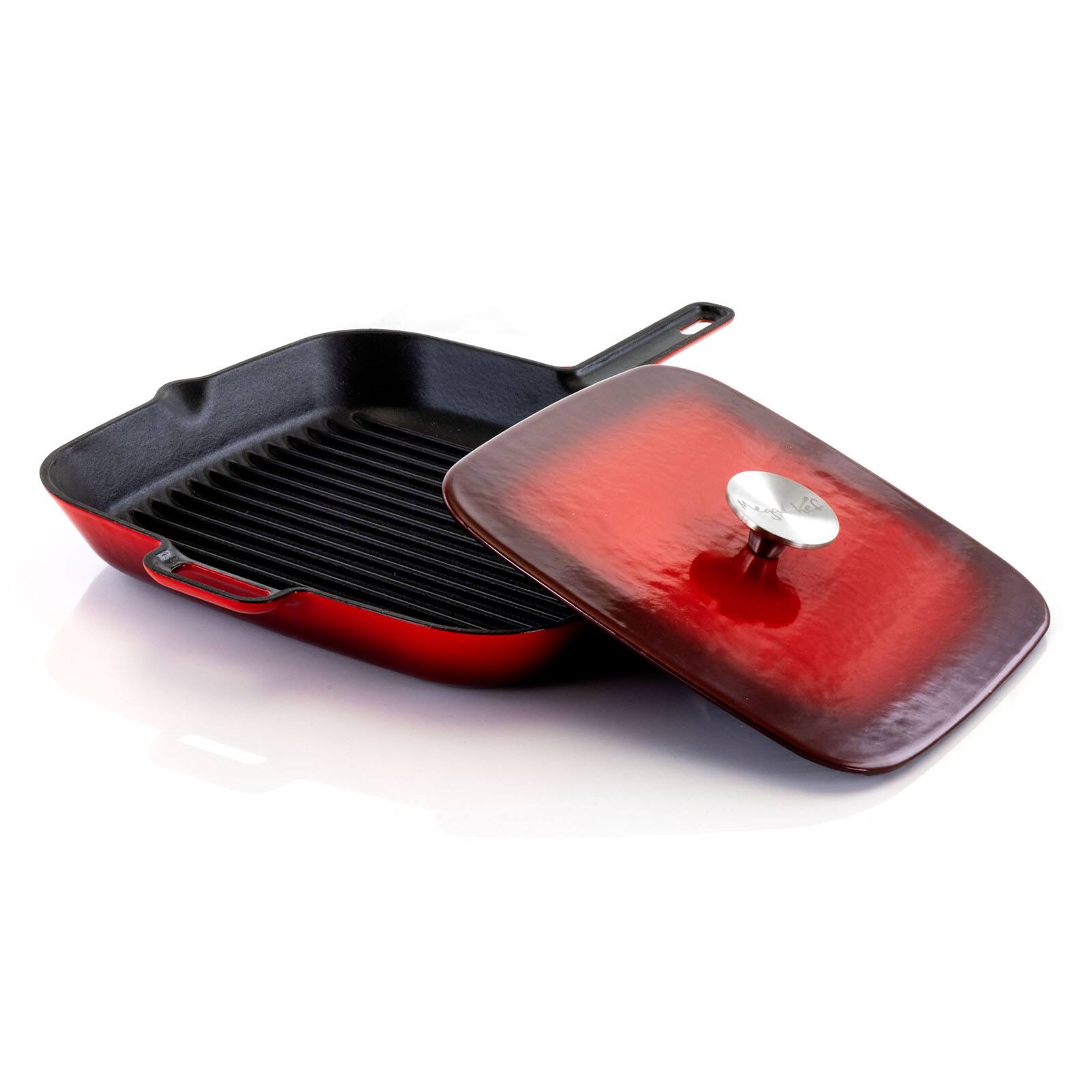 MegaChef 11&#x22; Square Red Enamel Cast Iron Grill Pan with Matching Grill Press
