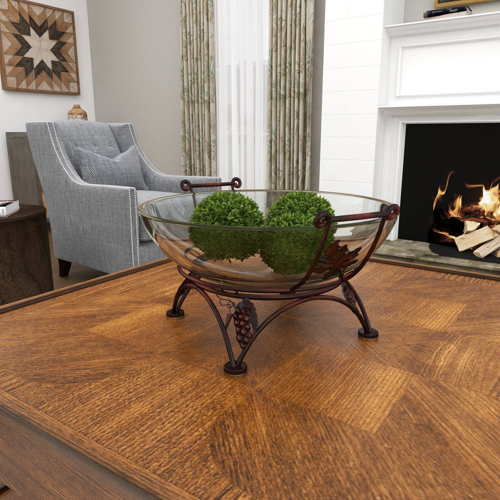 19" Clear Tempered Glass Kitchen Serving Bowl with Copper Metal Grapes Base