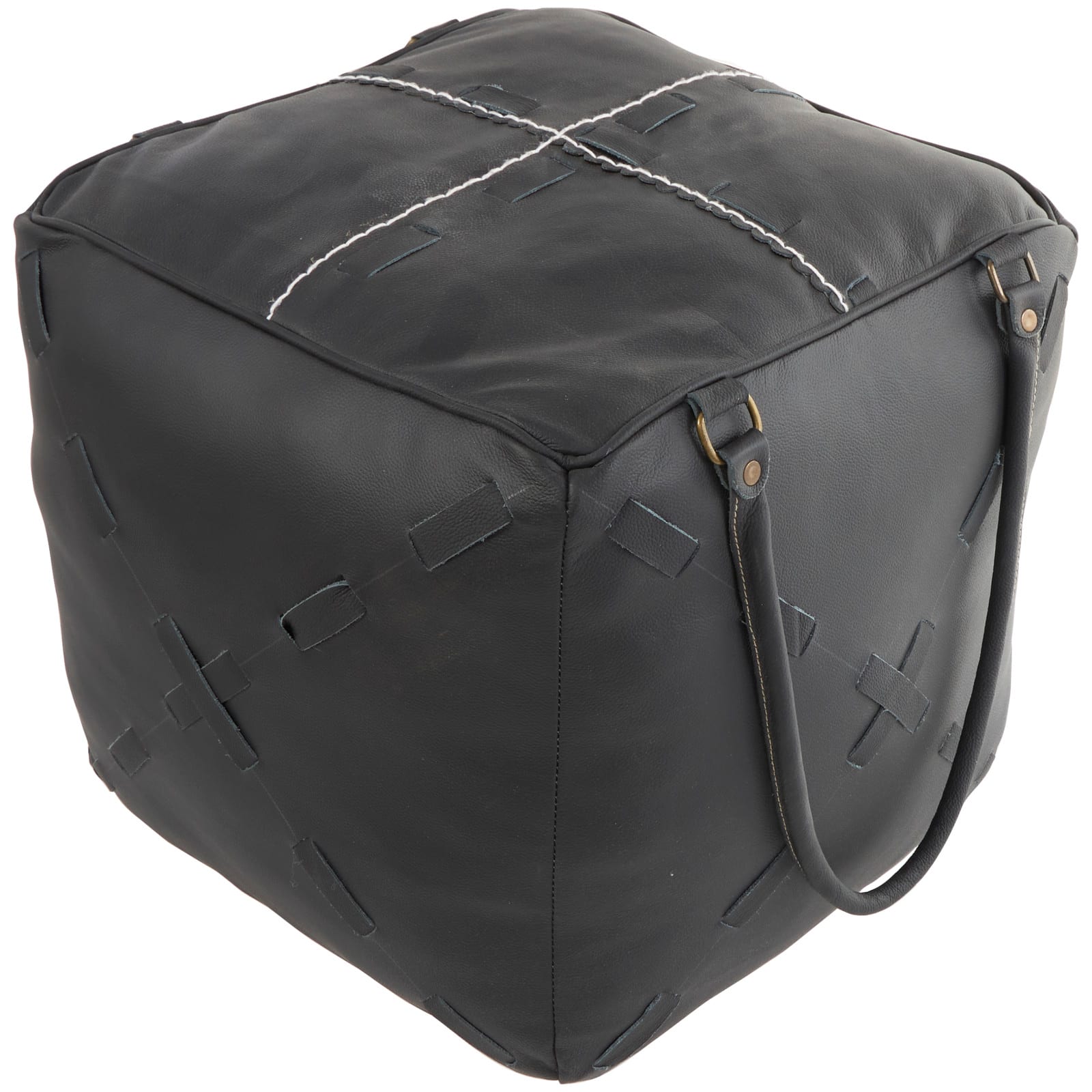 22&#x22; Leather Pouf with Woven Straps &#x26; Handles