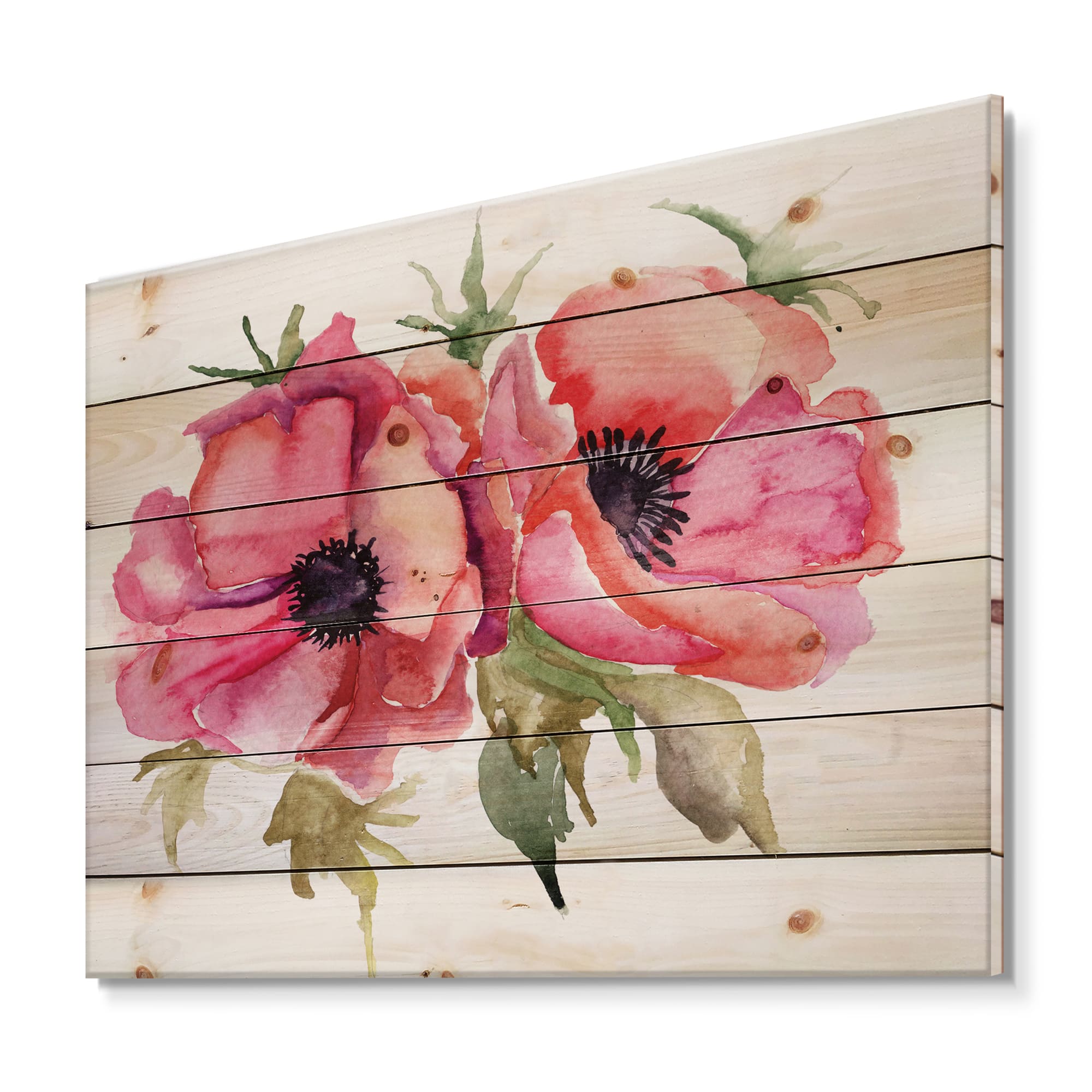 Designart - Stylized Poppy Flowers - Traditional Print on Natural Pine Wood