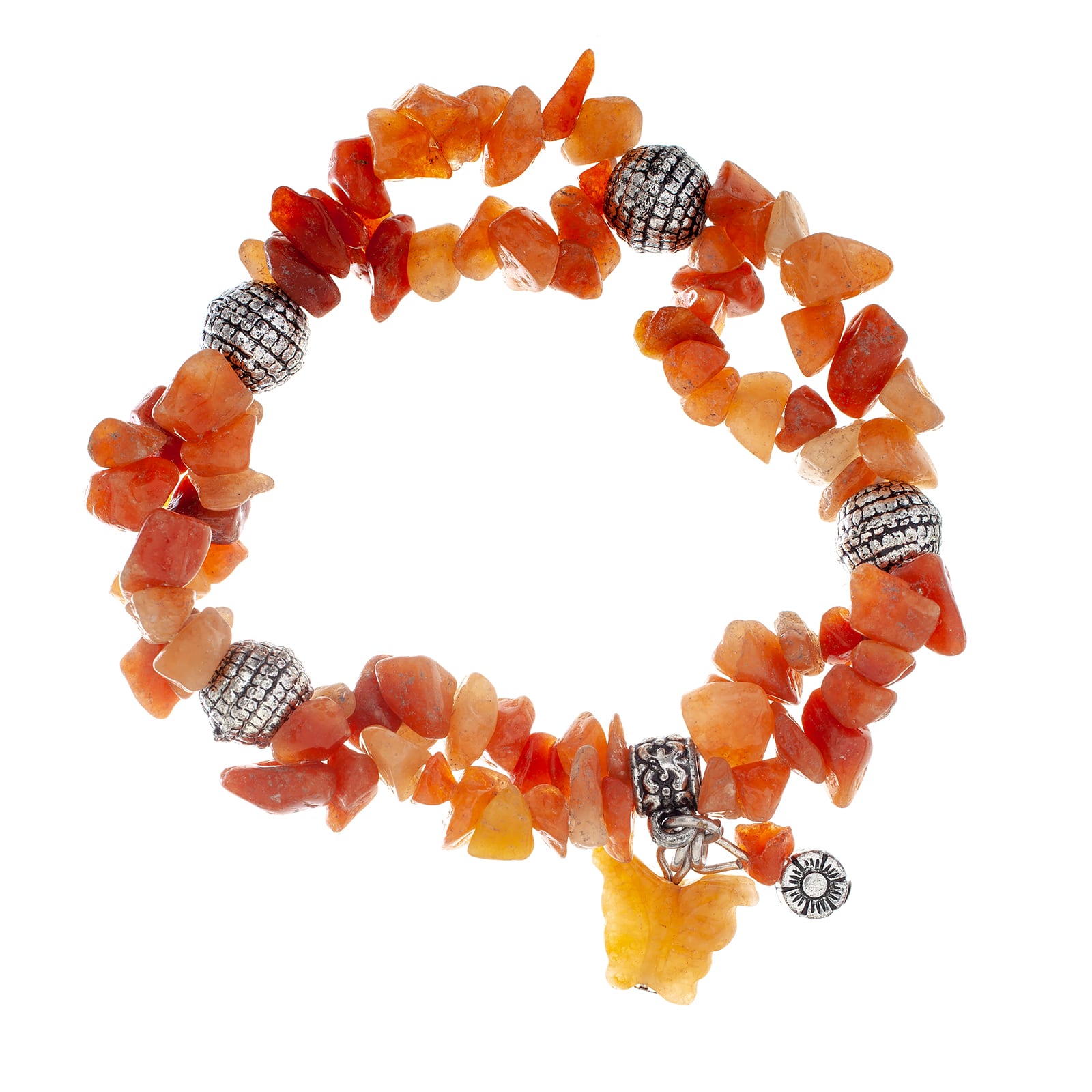 John Bead Peach Aventurine Orange Natural Stone 2-Strand Bracelet with Butterfly Charm