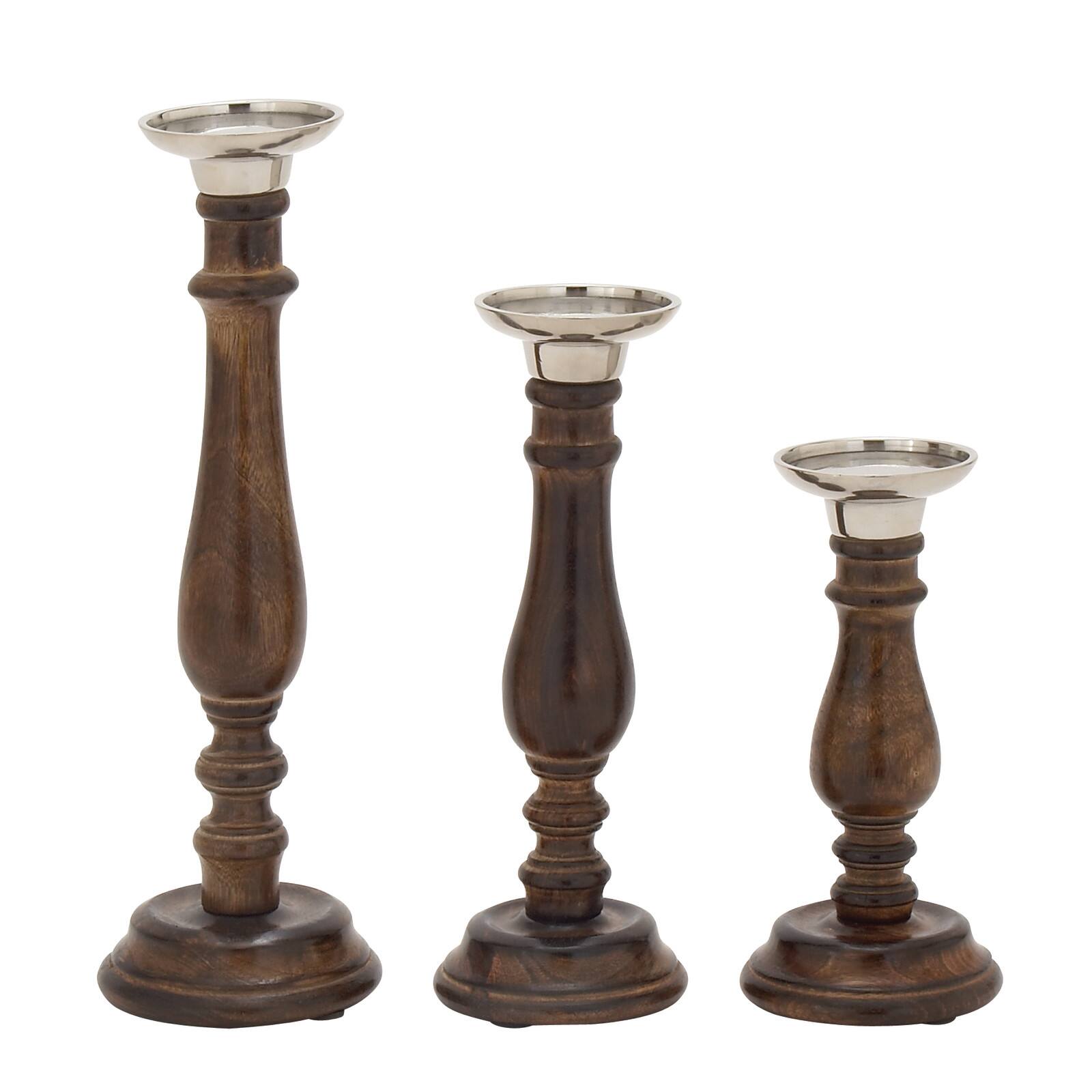 Dark Brown Mango Wood Traditional Candle Holder Set