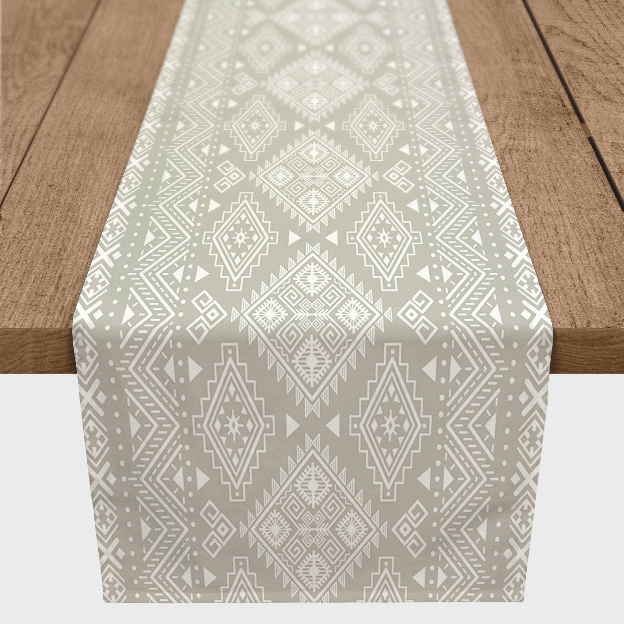 Greige &#x26; White Tribal Outdoor Table Runner