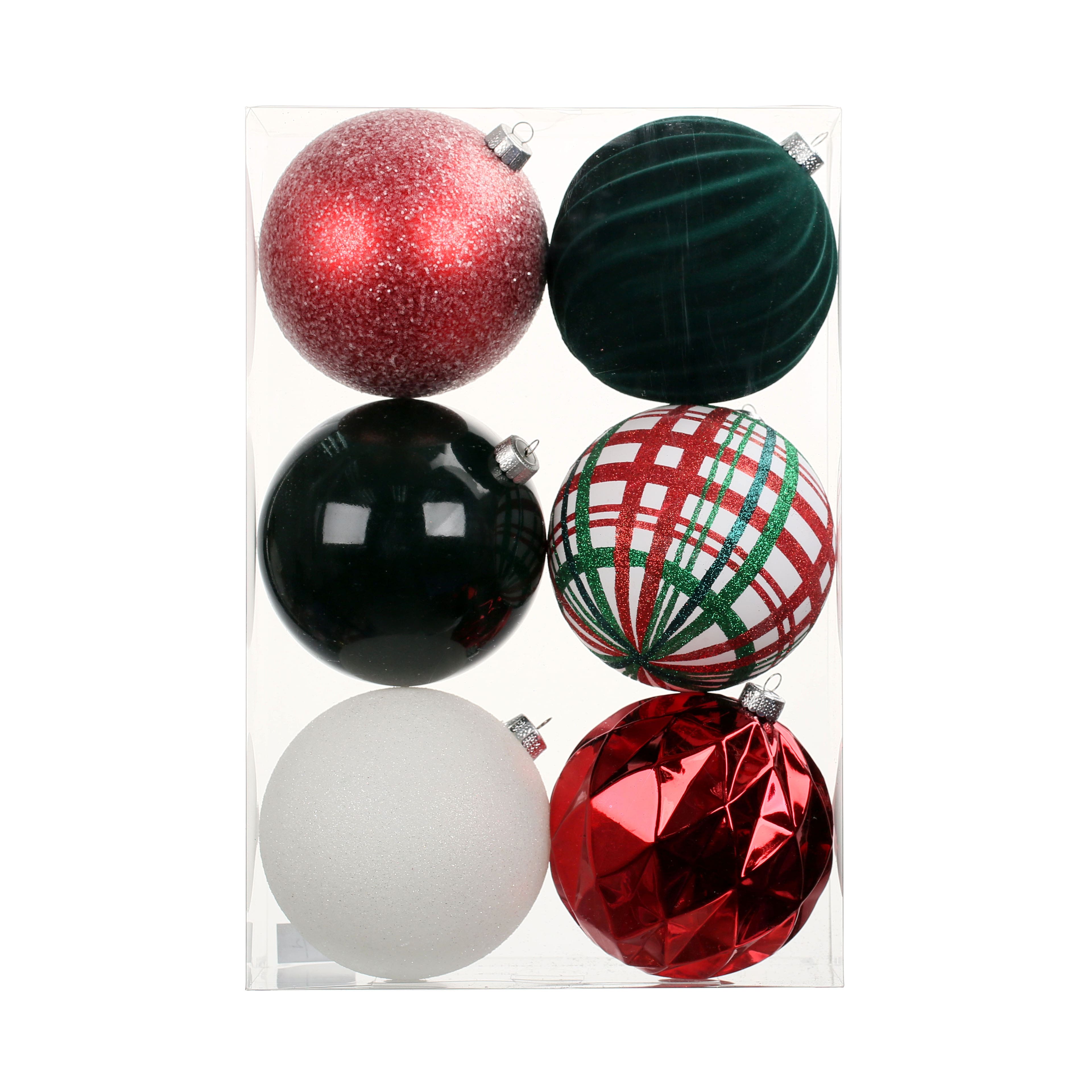 6 Pack 4.75&#x22; Red, White &#x26; Green Shatterproof Ball Ornaments by Ashland&#xAE;