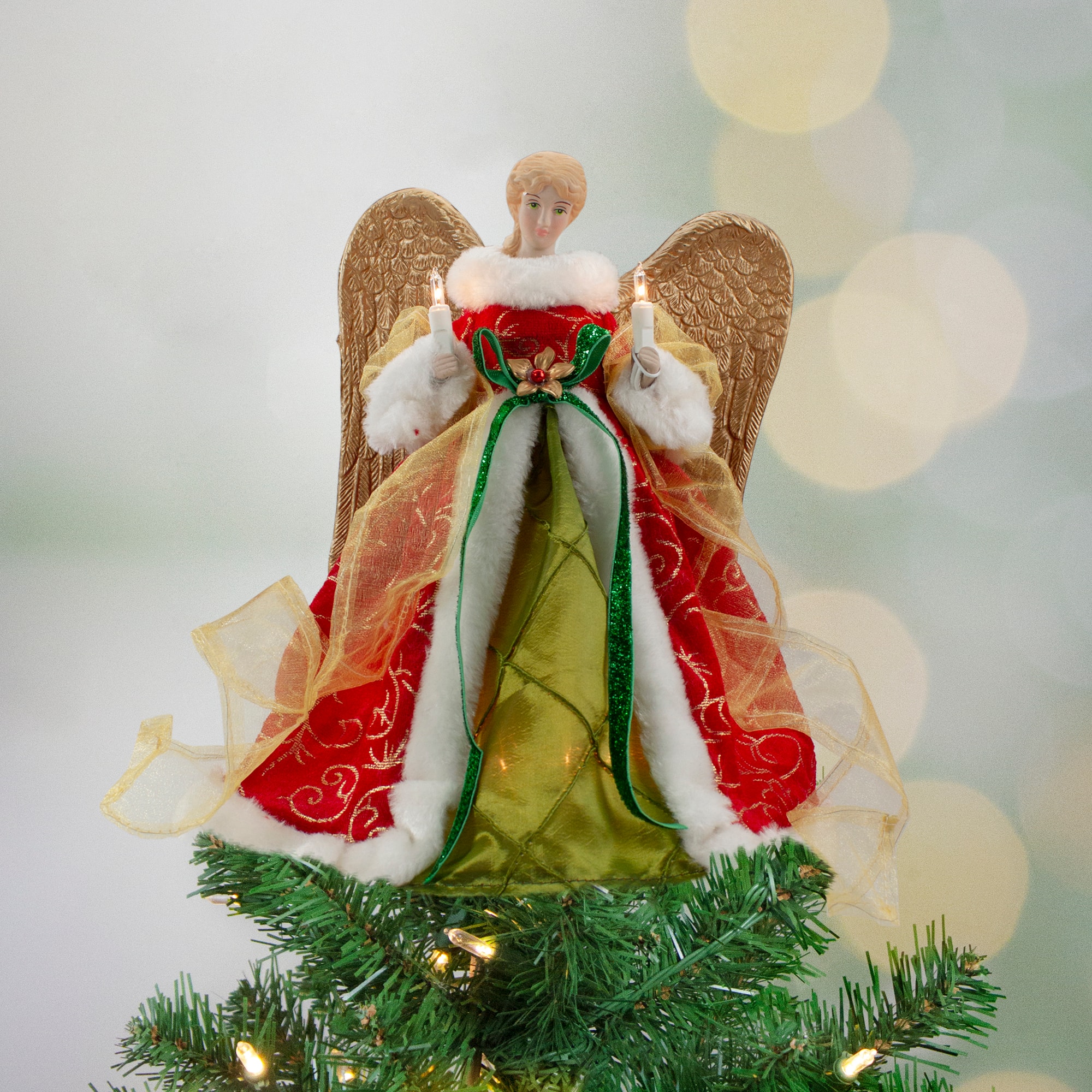 12&#x22; Lighted Red &#x26; Green Angel with Wings Christmas Tree Topper, Clear Lights