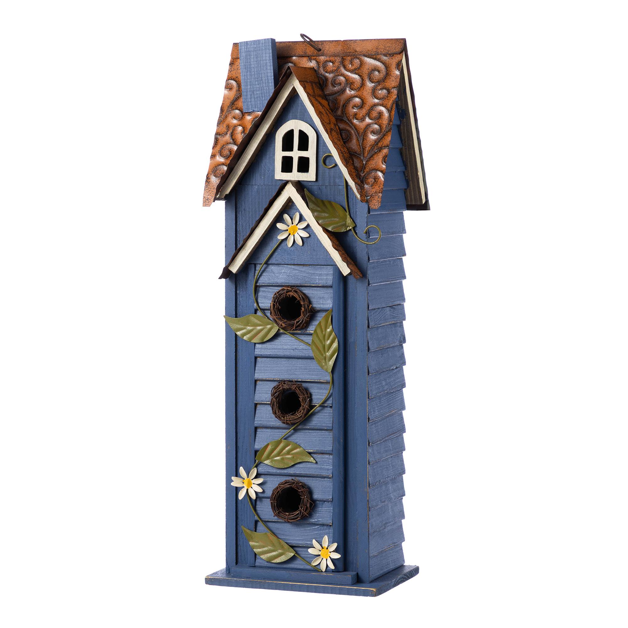 Glitzhome® 24.25" Oversized Washed Blue 3-Tiered Solid Wood Villa Birdhouse