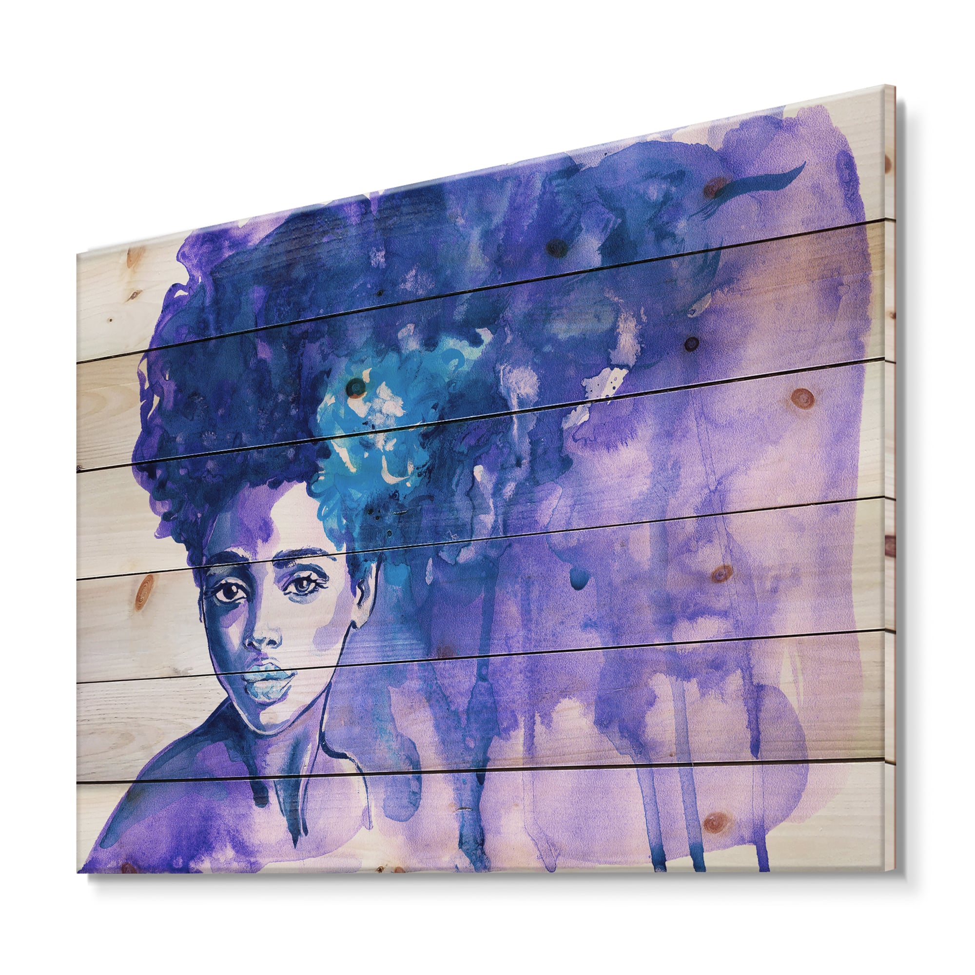 Designart - Glorious Blue Portrait of African American Woman - Modern Print on Natural Pine Wood