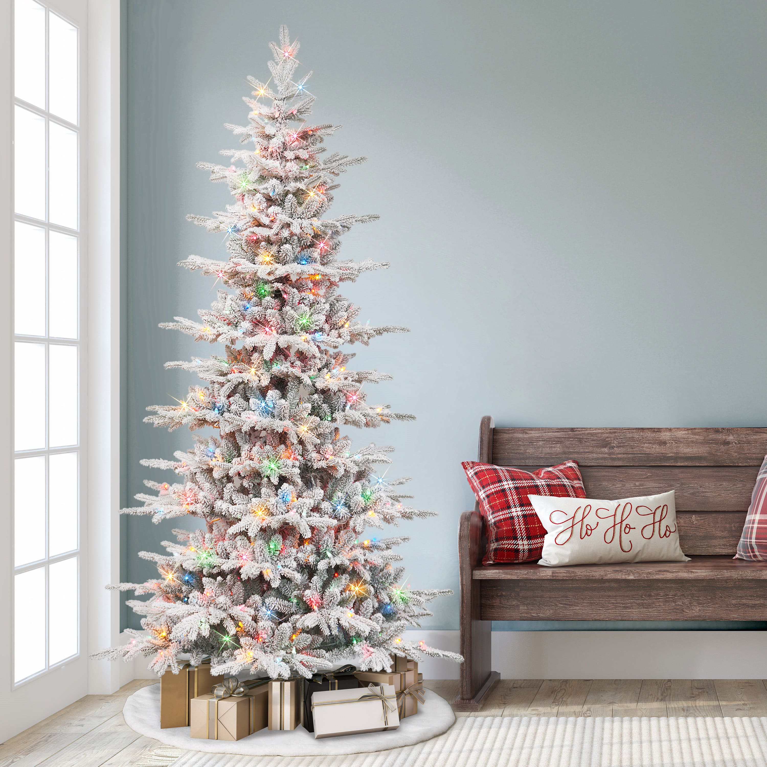 7.5ft. Pre-Lit Slim Flocked Artificial Utah Fir Tree, Multicolor Lights