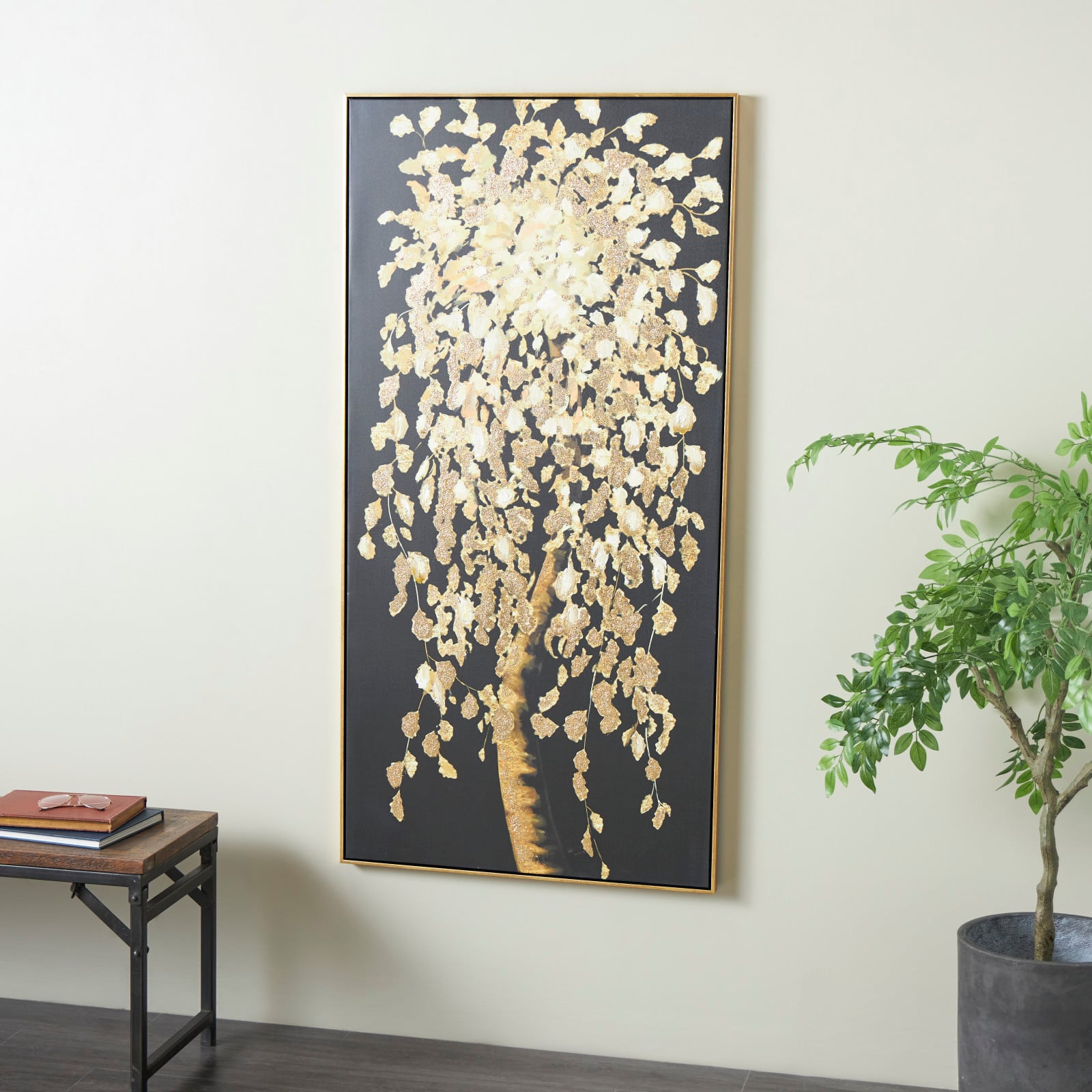  30" x 59" Black Polystone Tree with Gold Foil Accents Framed Wall Art