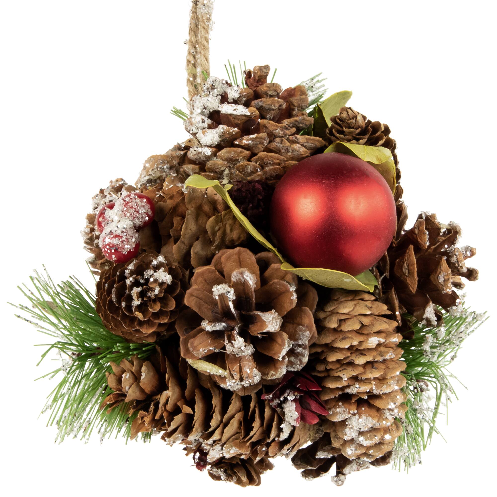 5.5&#x22; Red Ornament Pinecone and Mixed Foliage Hanging Christmas Ball Ornament