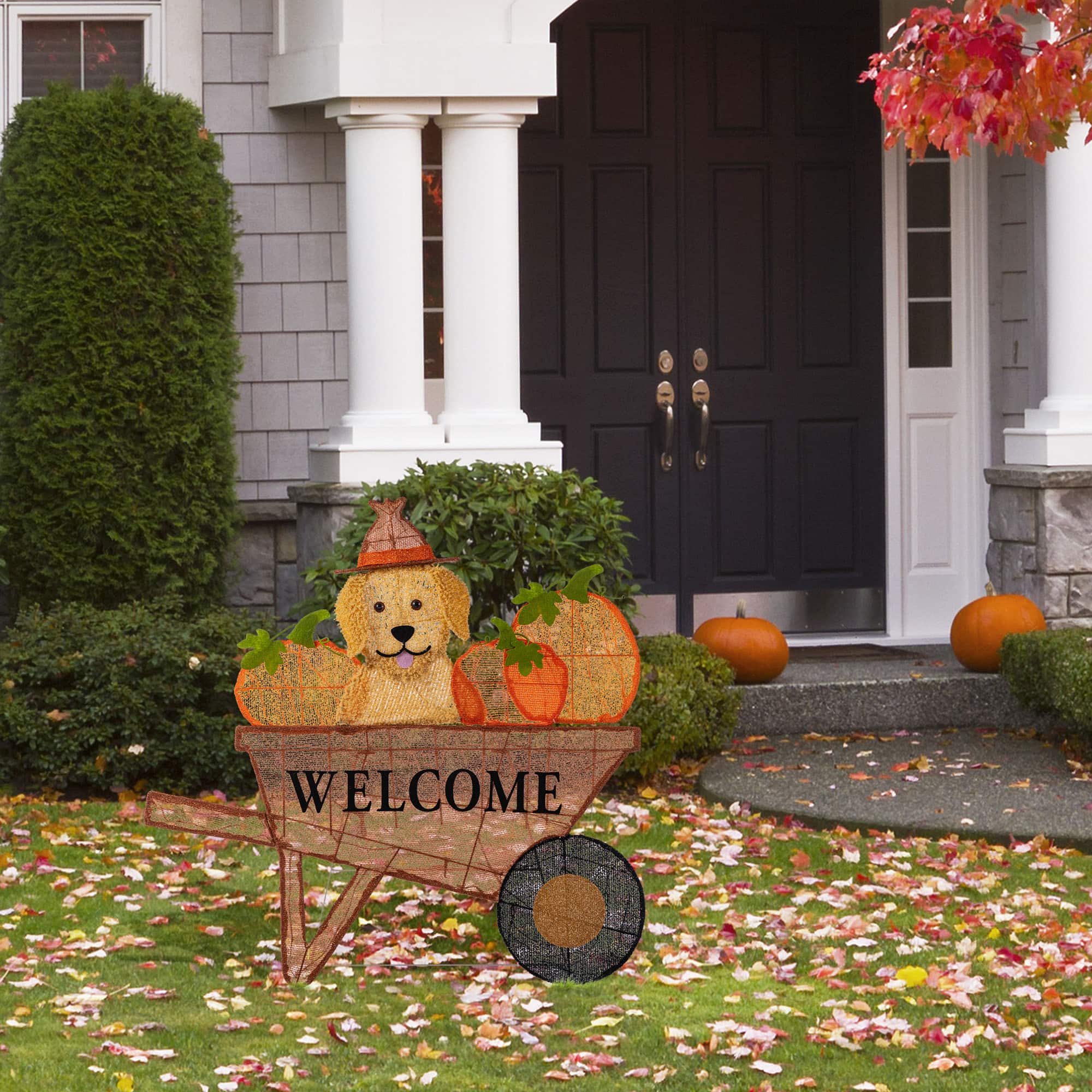 Glitzhome&#xAE; 36.25&#x22; Lighted Fall Pumpkin Wheel Barrow Outdoor Decor with Warm White LED Lights
