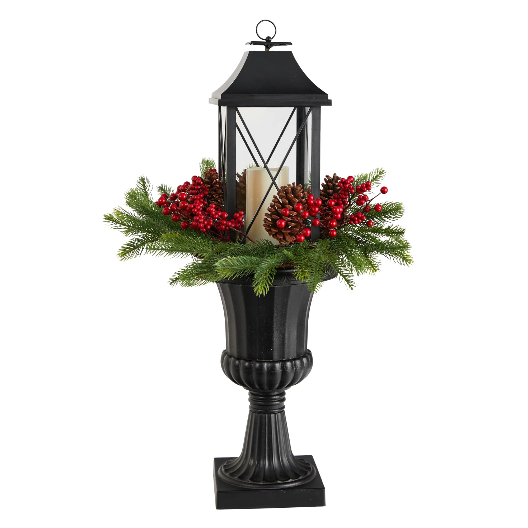 33" Greenery, Berries & Pinecones in Decorative Urn with Large Lantern and LED Candle Artificial Christmas Décor