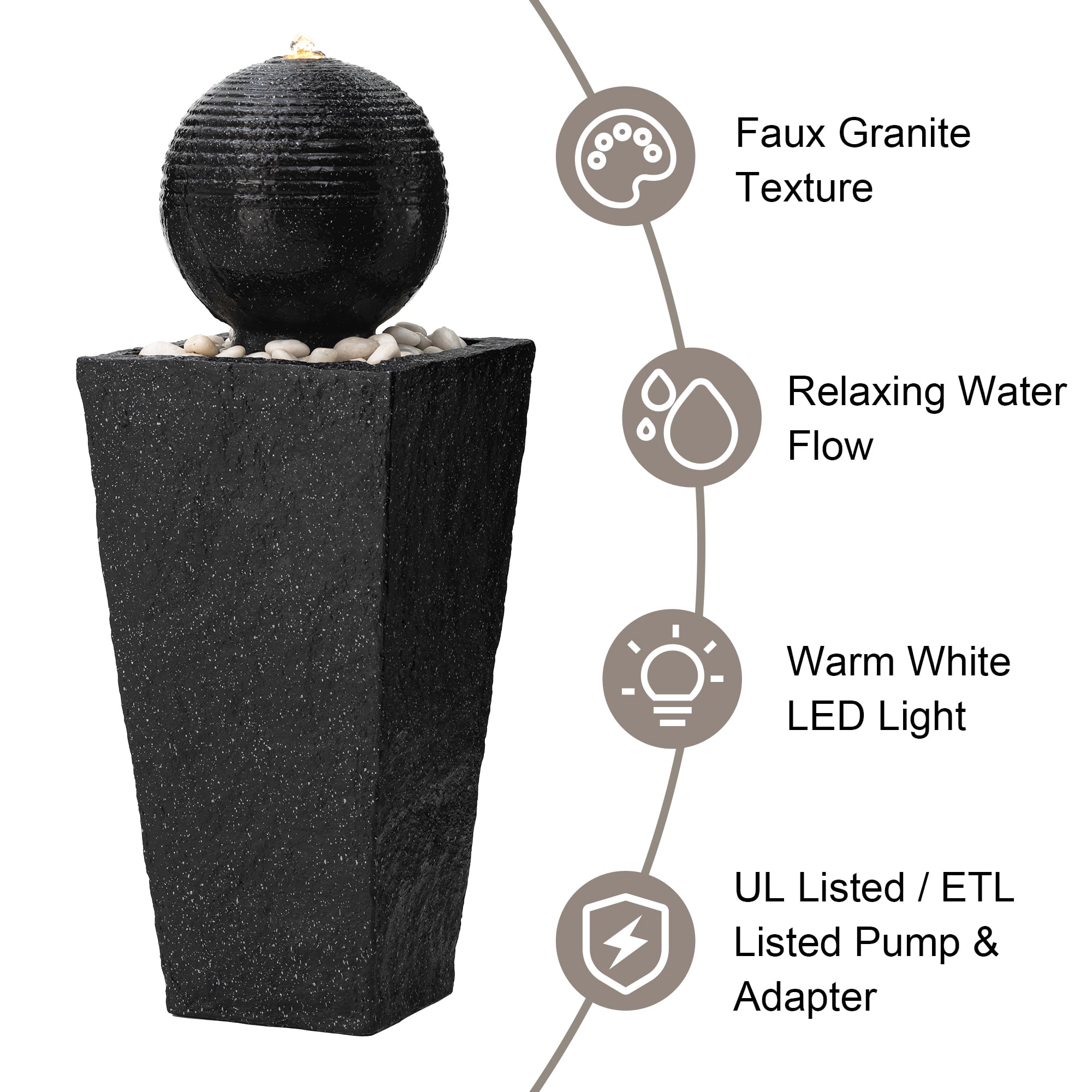 Glitzhome® Modern LED Black Geometric Pedestal & Sphere Outdoor Floor Fountain