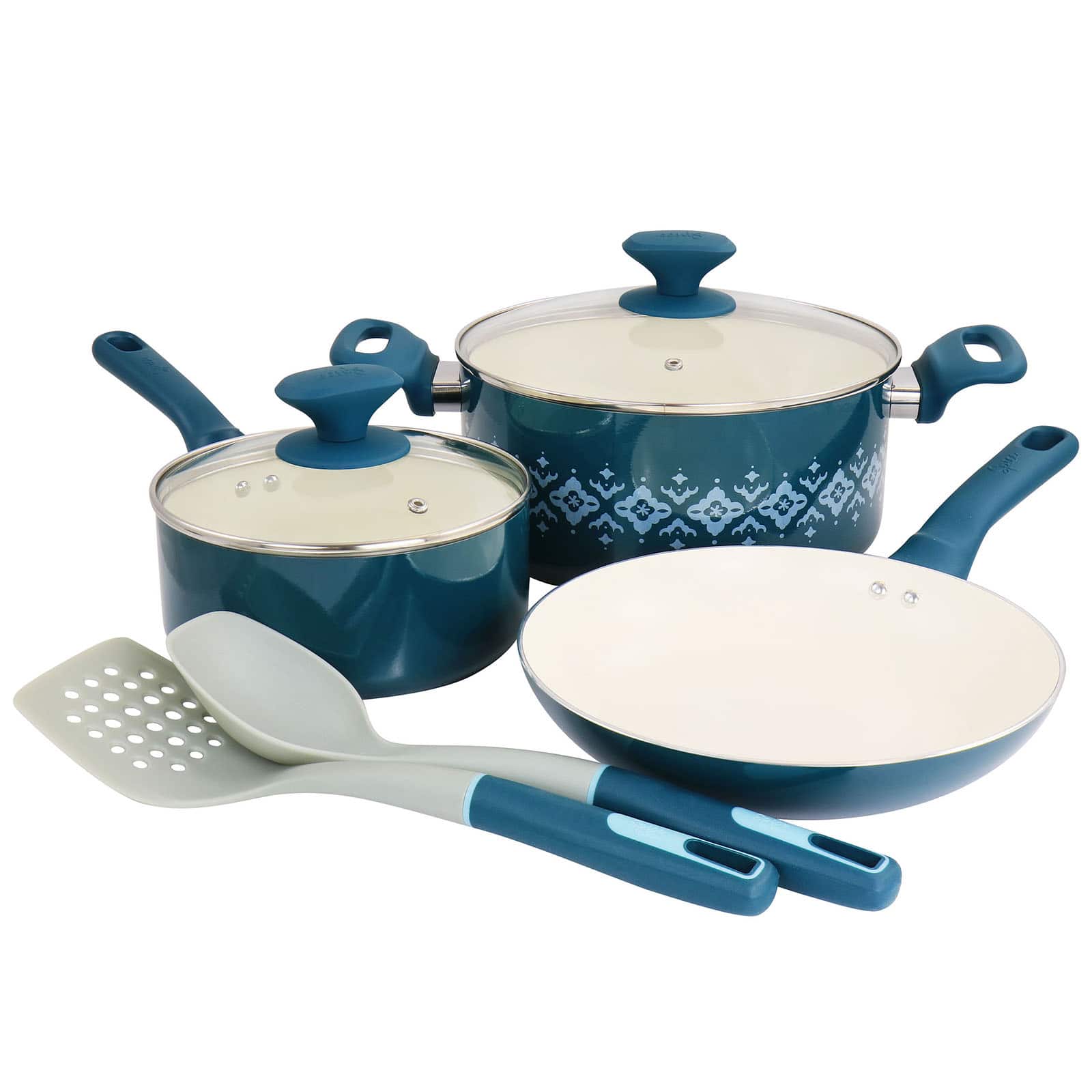 Spice by Tia Mowry Savory Saffron Teal 7 Piece Ceramic Nonstick Aluminum Cookware Set with Nylon Utensils
