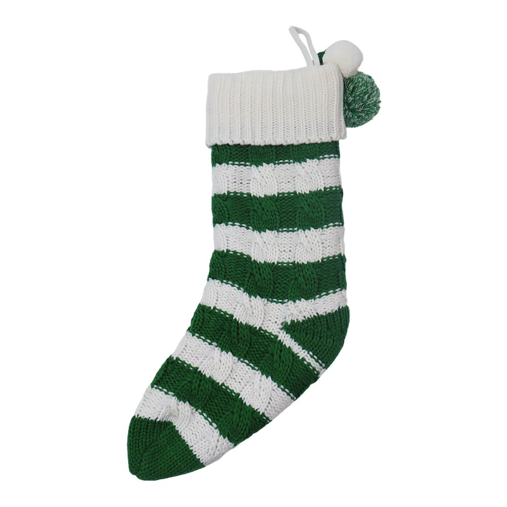 18.5&#x22; Green &#x26; White Stripe Knit Stocking with Pom Poms by Ashland&#xAE;