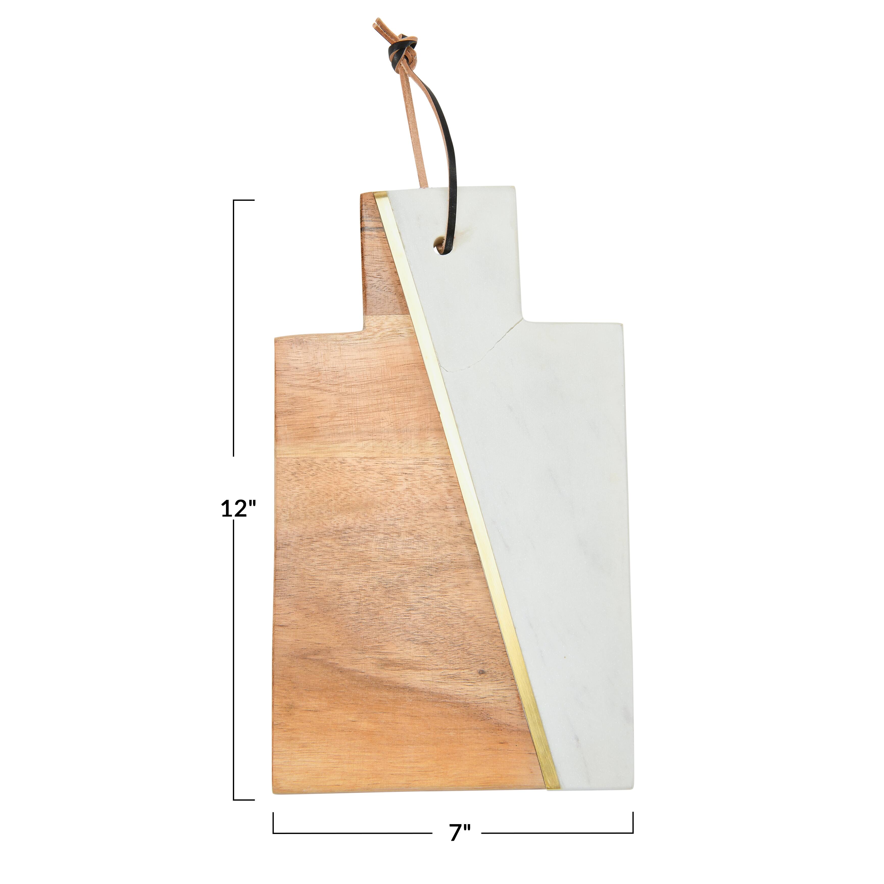 12&#x22; White and Natural Boho 2-Tone Marble and Acacia Wood Charcuterie or Cutting Board with Brass Inlay and Leather Tie