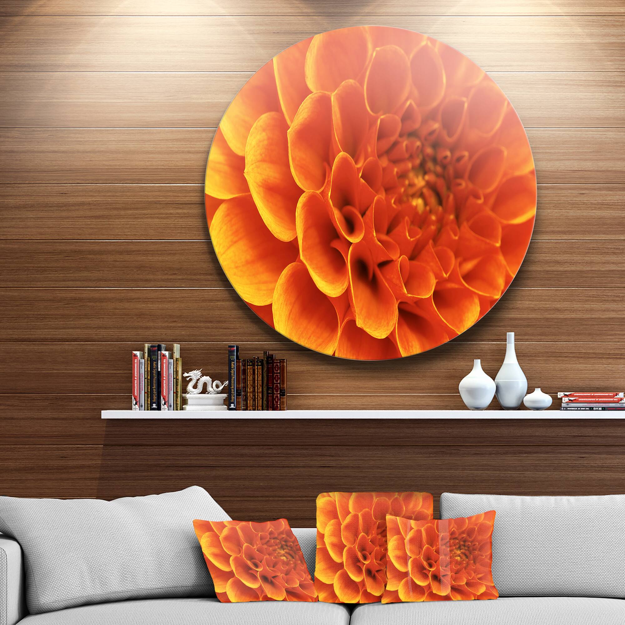 Designart - Large Orange Flower and Petals' Disc Floral Circle Metal Wall Decor