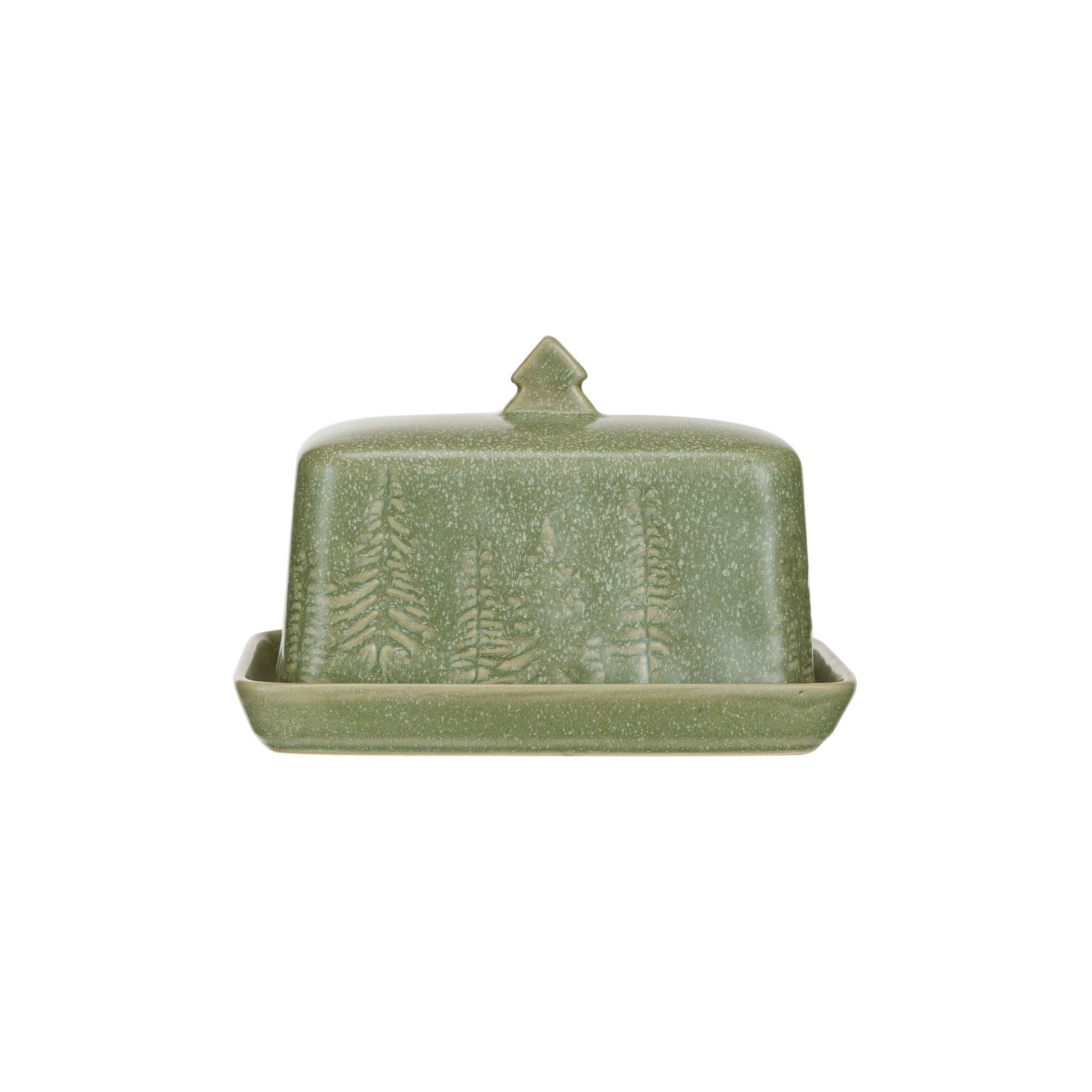 Hello Honey® 6.75" Green Tree Debossed Stoneware Butter Dish with Reactive Glaze Finish