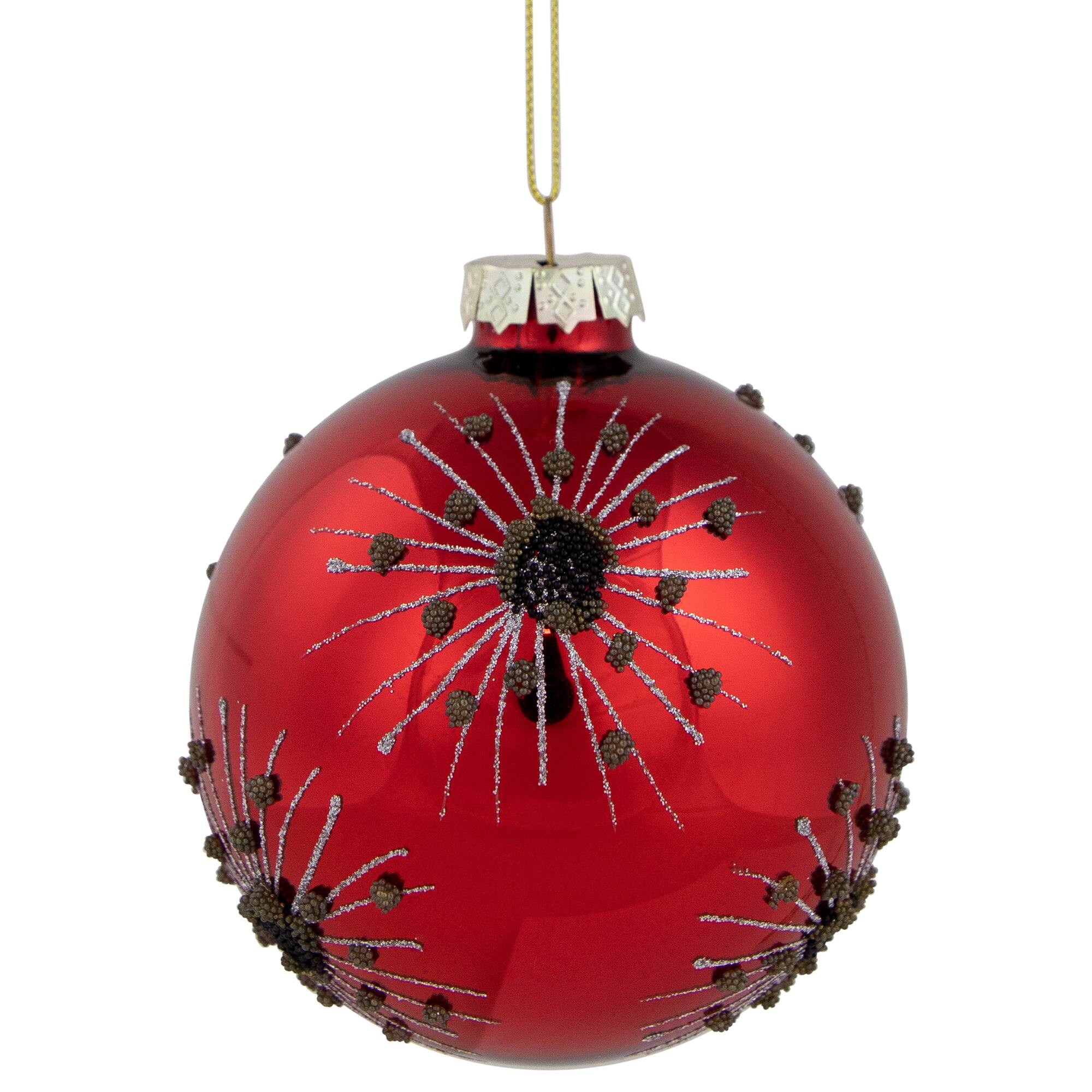 4" Red & Brown Beaded Bursting Snowflake Glass Ball Ornament