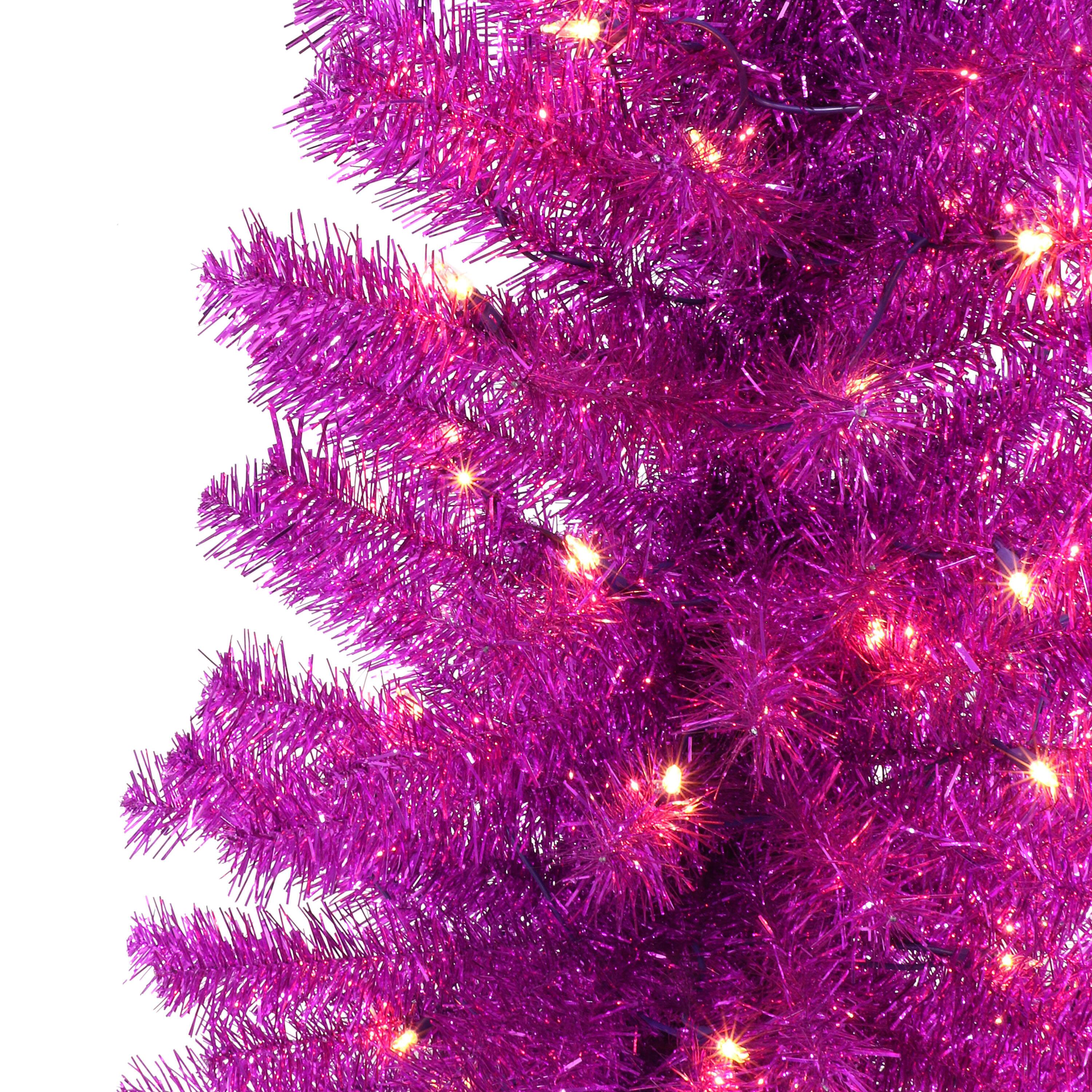 6 Pack: 4.5ft. Pre-Lit Purple Tinsel Artificial Christmas Tree, Clear Lights