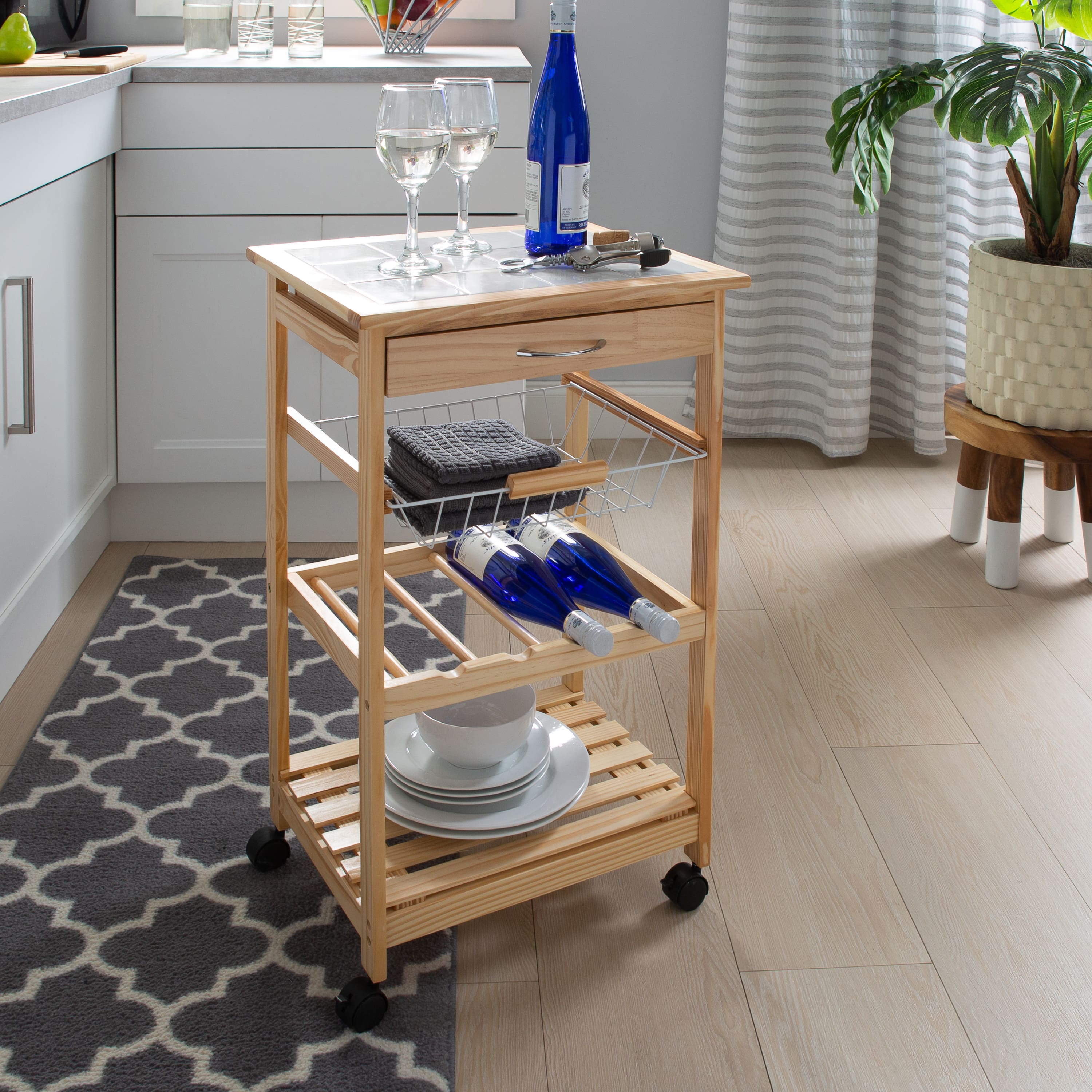 Organize It All Rolling Kitchen Cart with Ceramic Countertop