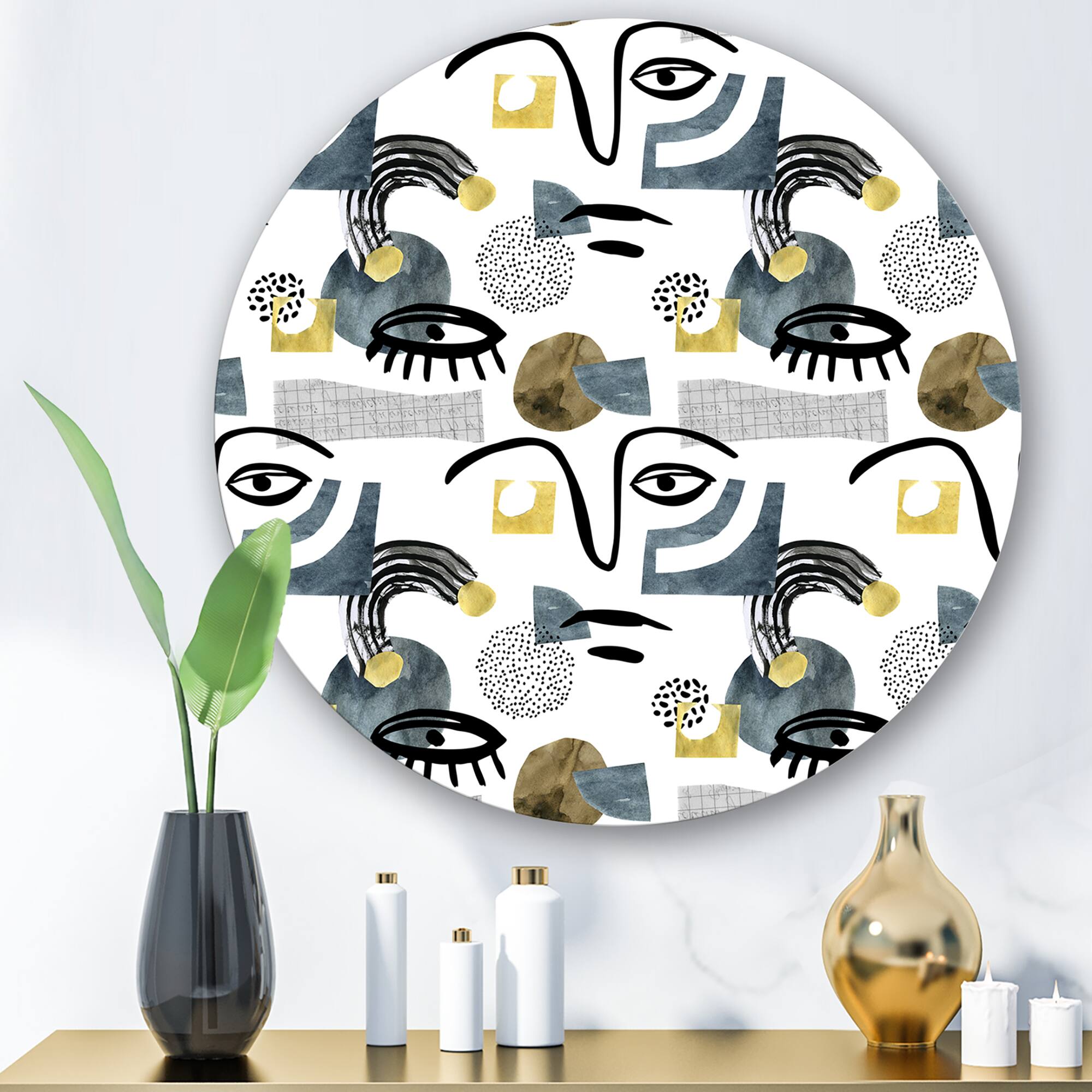 Designart - Collage of Eyes &#x26; Doodles In Contemporary Style I - Modern Metal Circle Wall Art