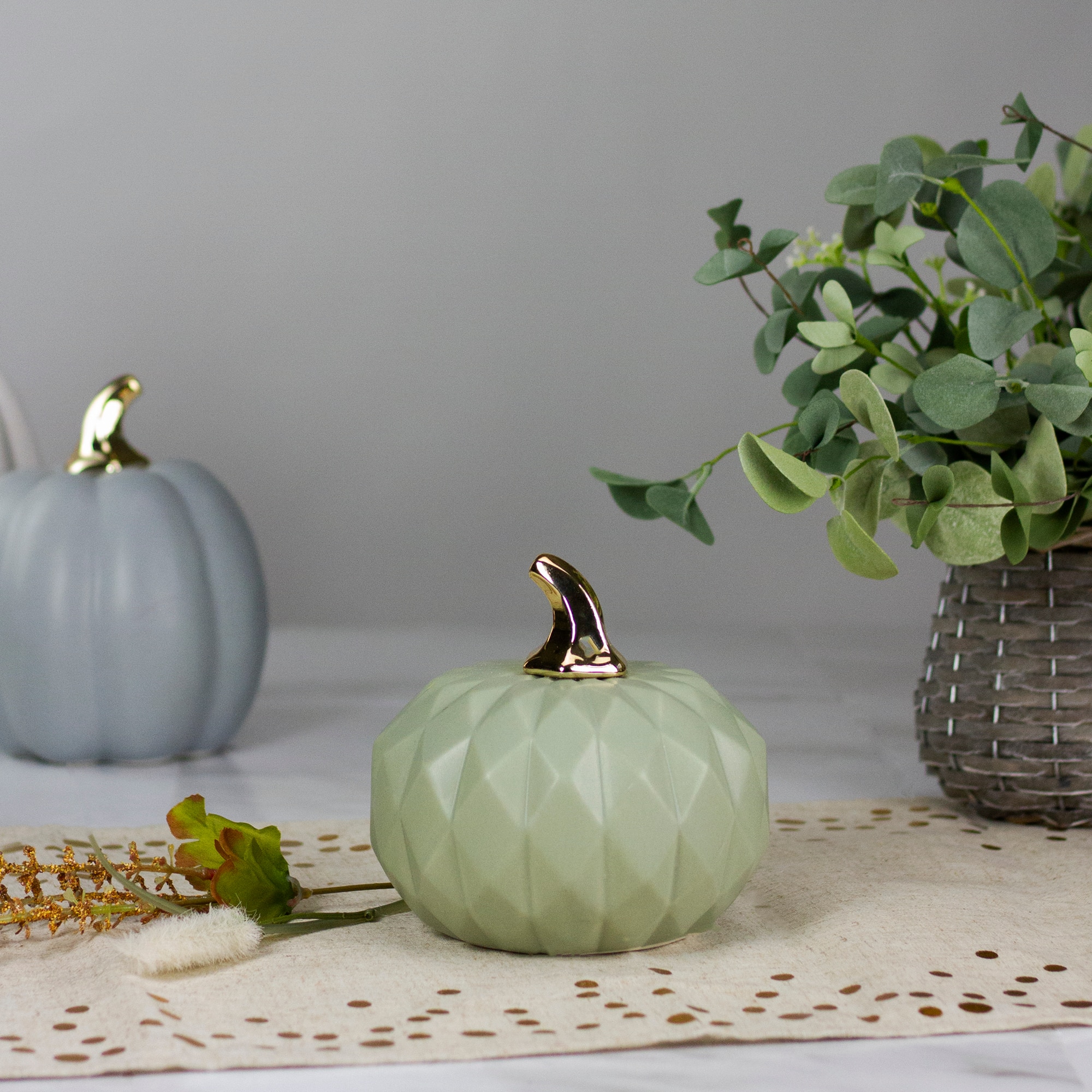 7&#x22; Green &#x26; Gold Fall Harvest Ceramic Pumpkin Decoration