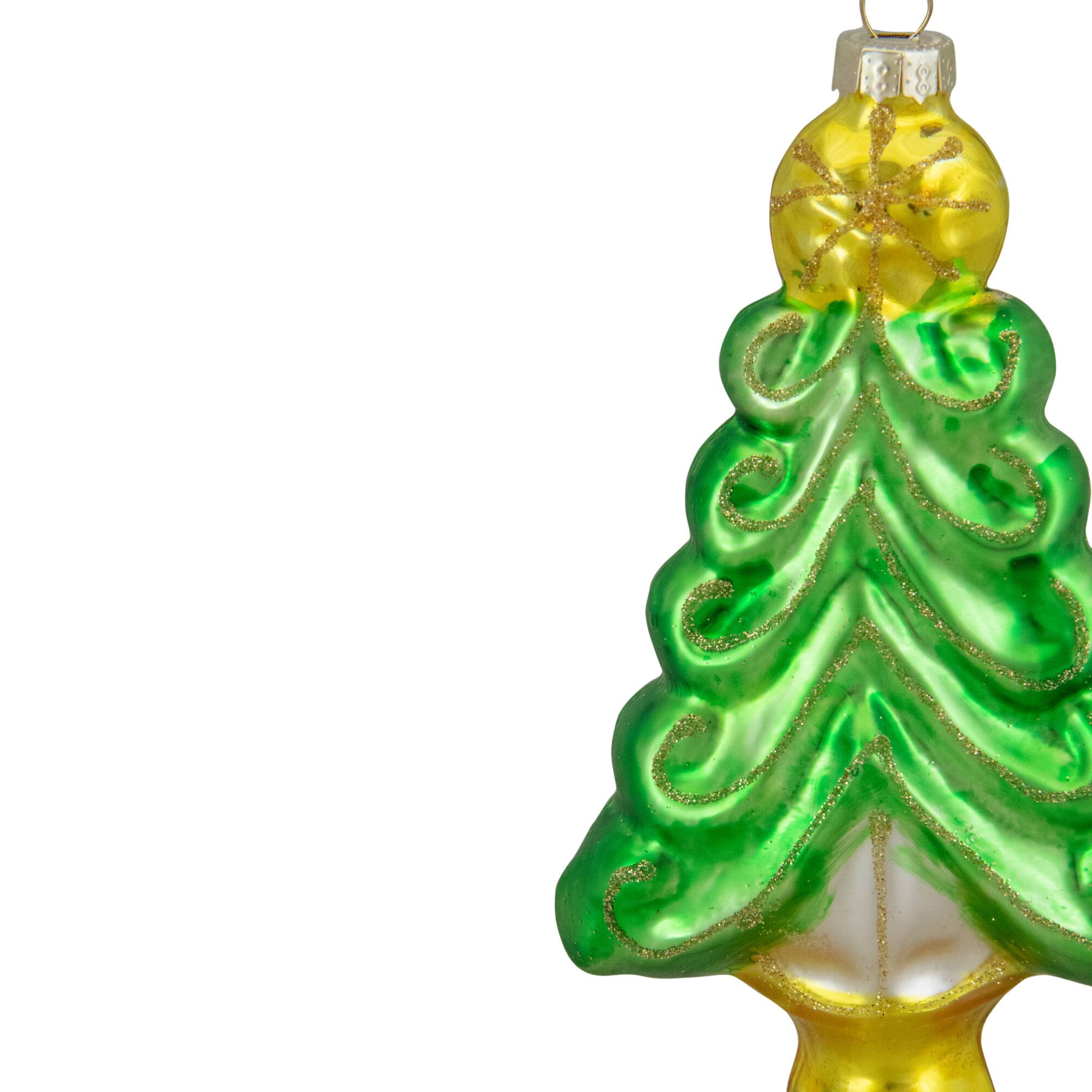 5&#x22; Pearl &#x26; Glitter Green &#x26; Gold Glass Christmas Tree Hanging Ornament