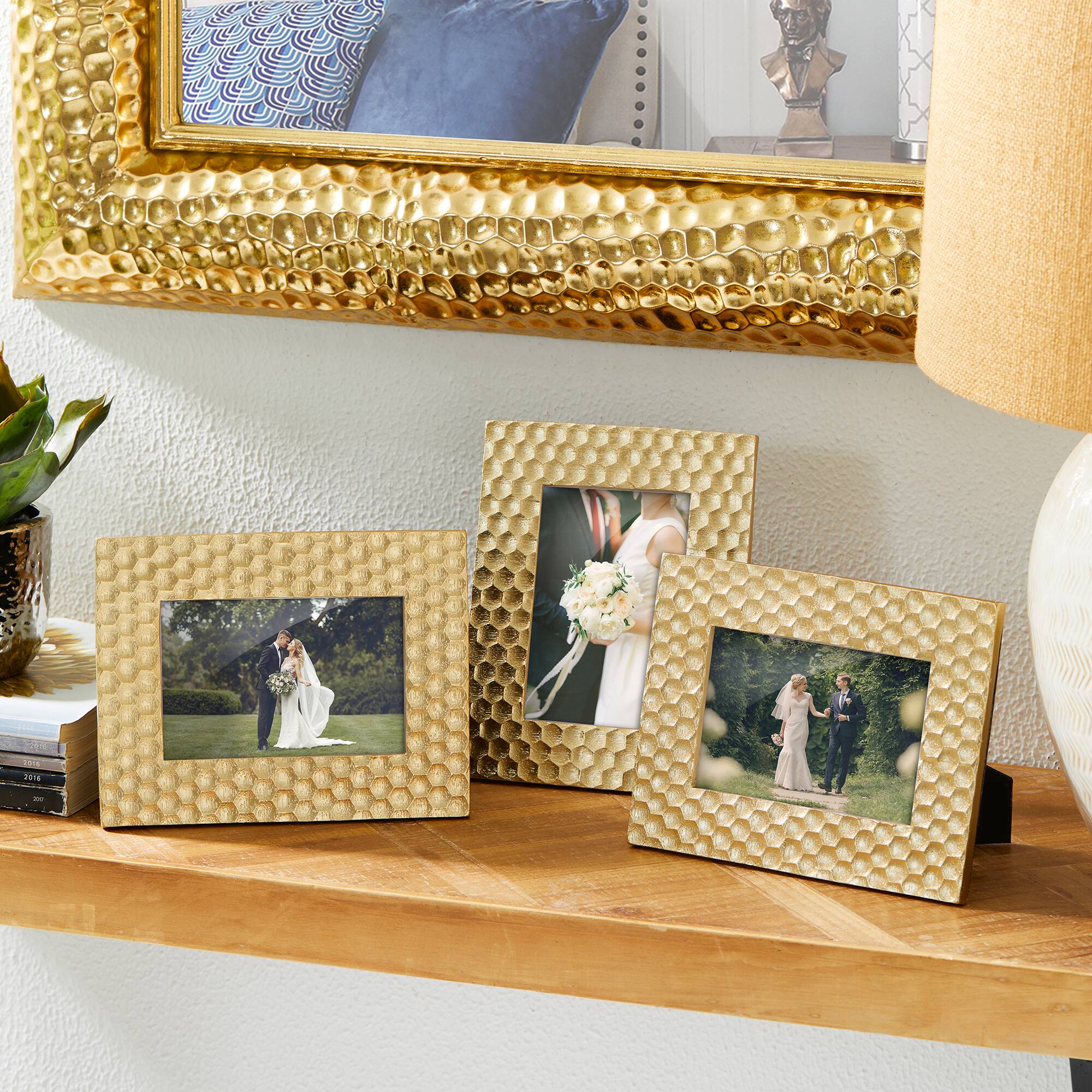 Glitzhome® 3 Pack 4" x 6" Gold Honeycomb Resin Tabletop Picture Frames