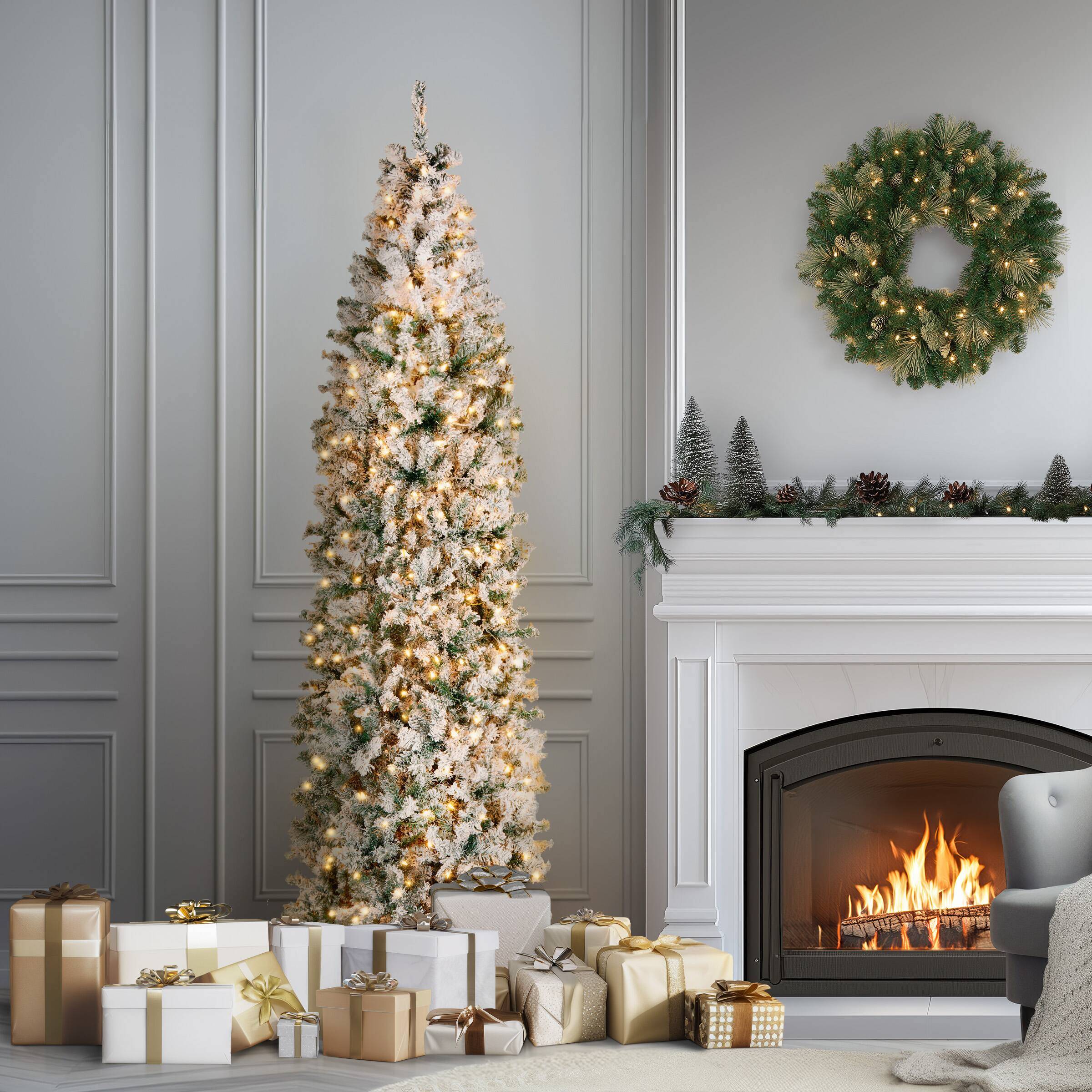 9ft. Pre-Lit Acacia Flocked Artificial Christmas Tree, Clear Lights