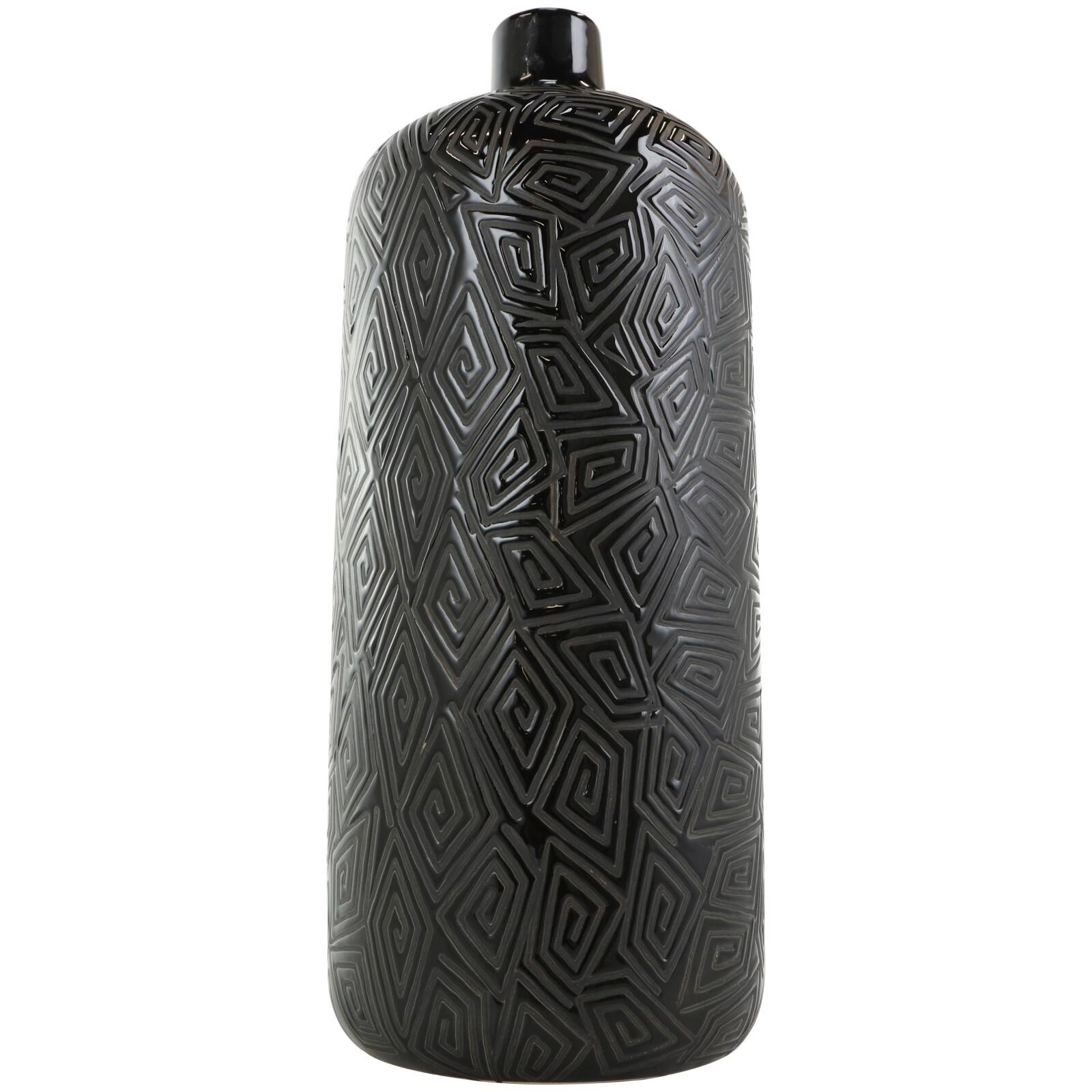 19" Black Geometric Etched Ceramic Vase